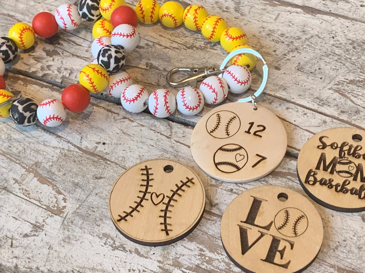 Personalized Baseball and Softball Mom Combo Wristlet Keychain with Wood disc | Gift for Baseball Mama | Softball Game Day Accessories