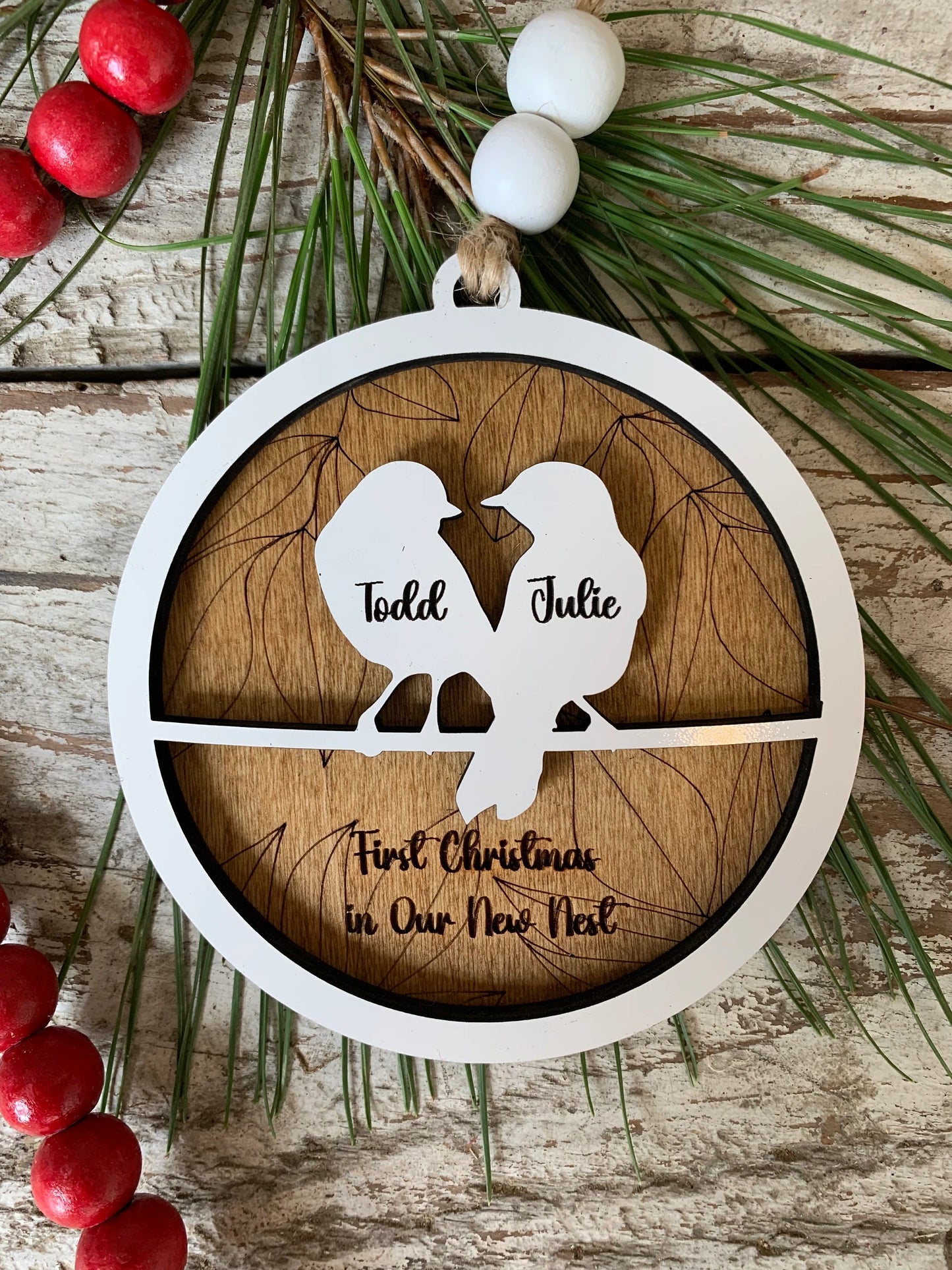 Personalized Love Birds Christmas Tree Ornament | Mr. and Mrs. Ornament | Wedding Gift | Gift for Newlyweds | Engagement Ornament | Our Nest