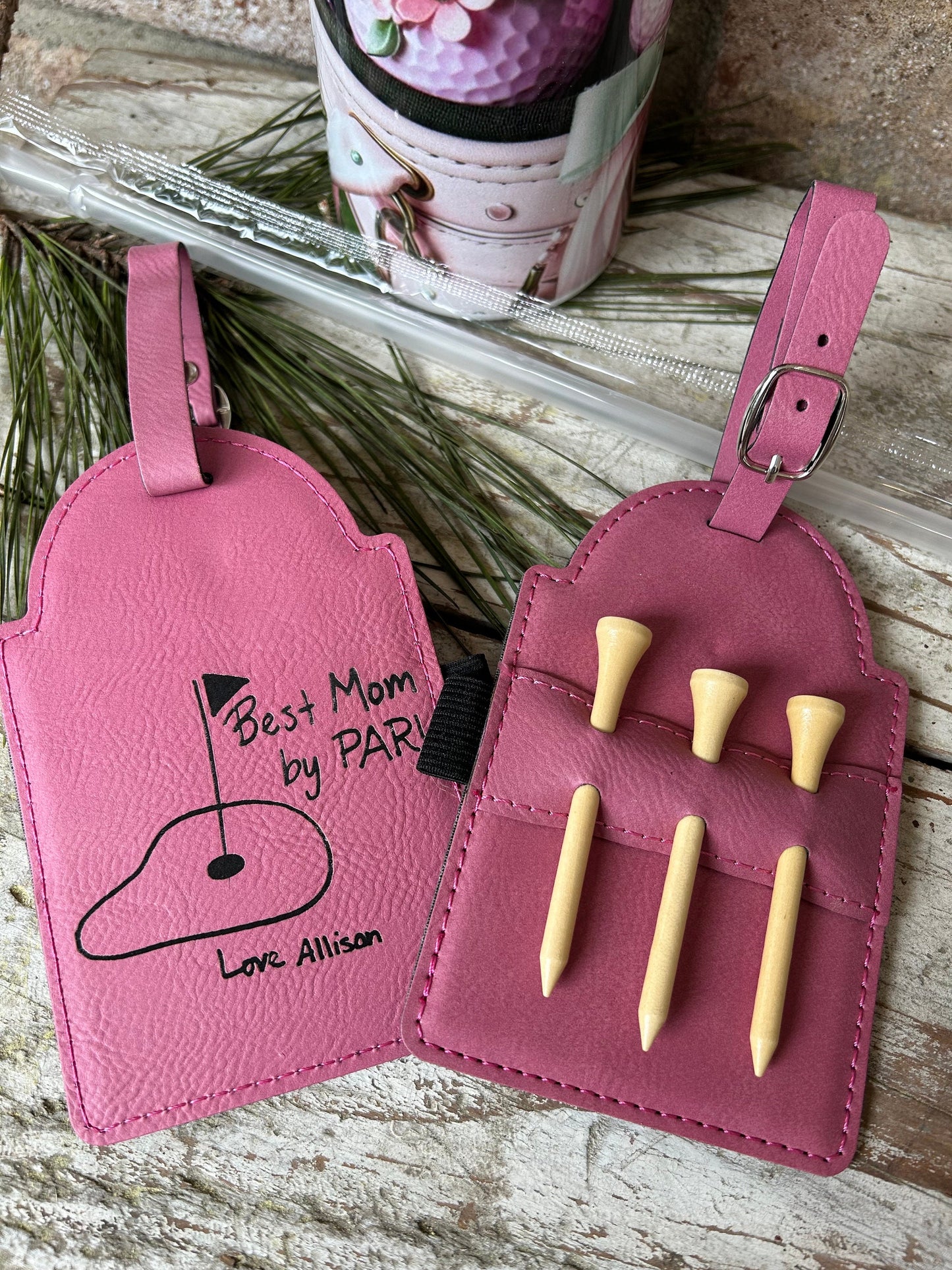 Mom/Mommy Golf Tee Holder Personalized Using Child Handwriting with Pink Golf Tumbler | Mothers Day Gift from Son or Daughter | Golf Lover
