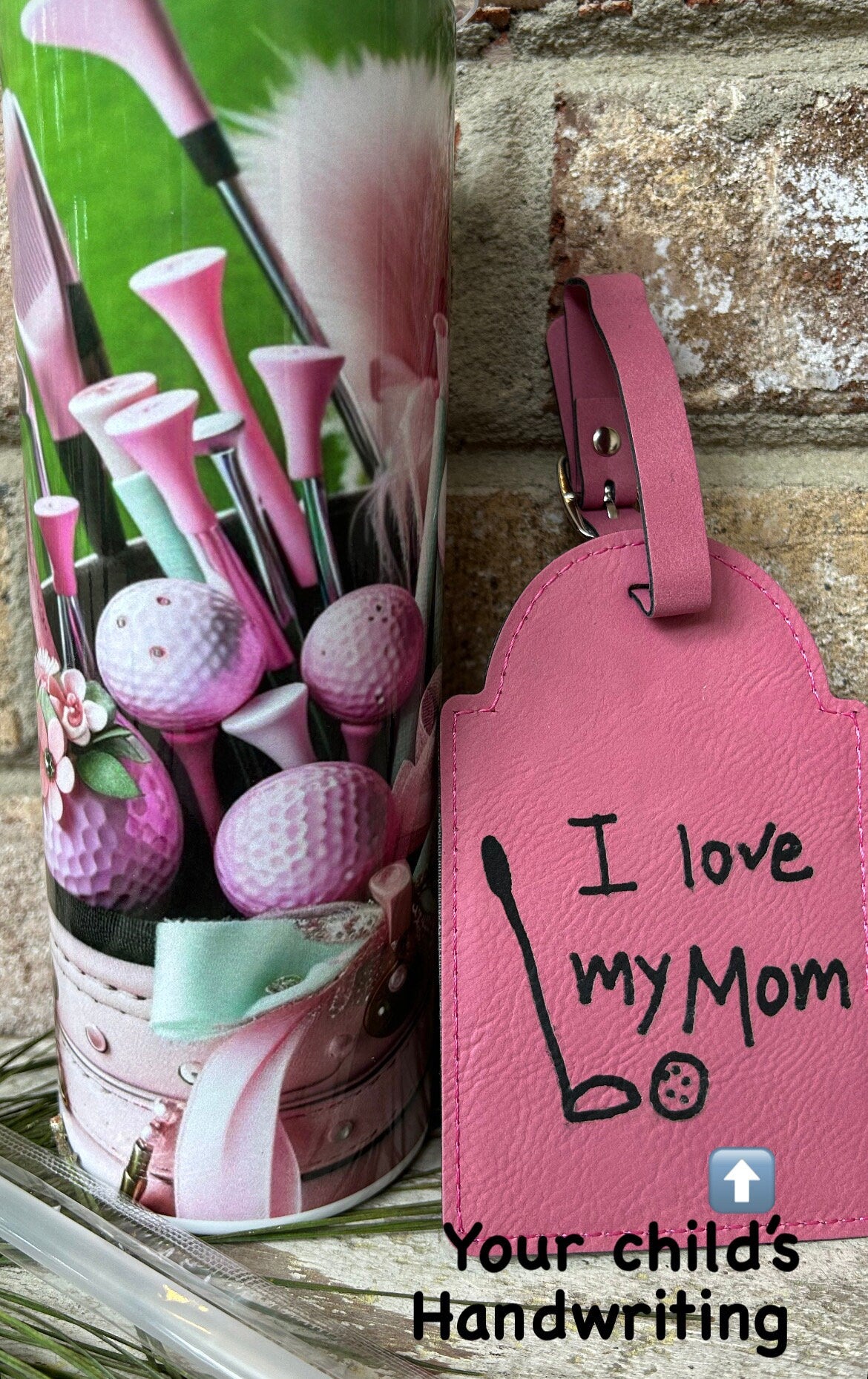 Mom/Mommy Golf Tee Holder Personalized Using Child Handwriting with Pink Golf Tumbler | Mothers Day Gift from Son or Daughter | Golf Lover