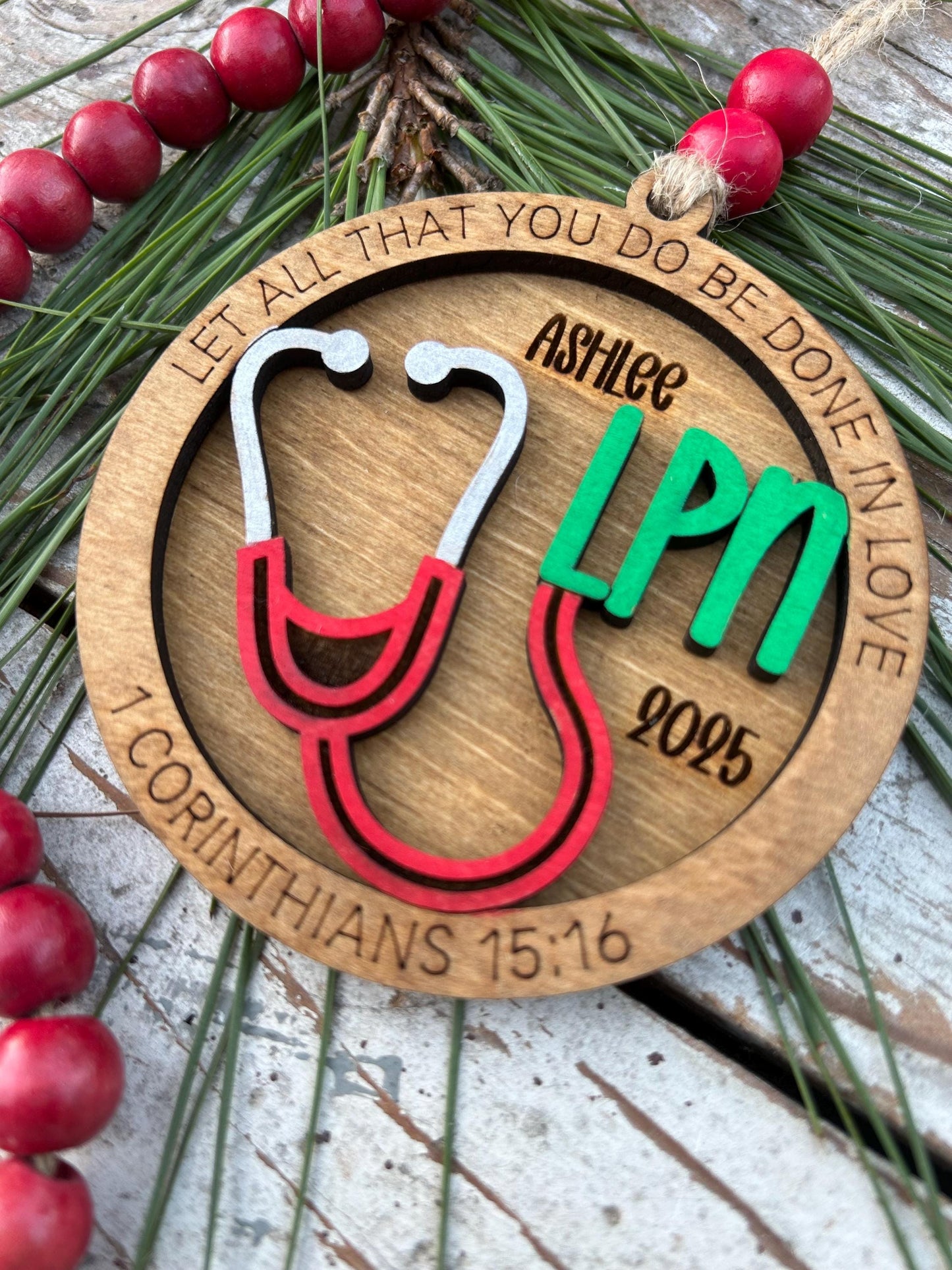 Personalized LPN Nurse Christmas Tree Ornament | Religious Gift for Nursing Graduate | Let All That You Do Be Done In Love 1 Cor 15:16