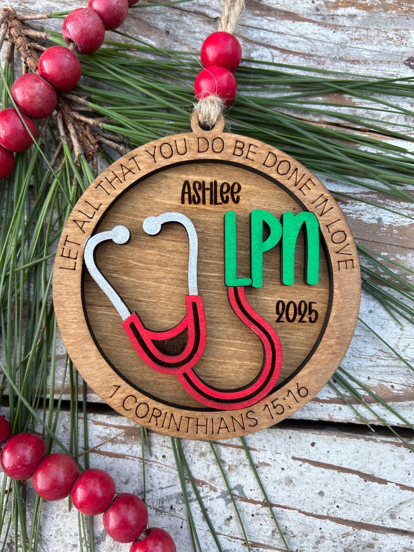 Personalized LPN Nurse Christmas Tree Ornament | Religious Gift for Nursing Graduate | Let All That You Do Be Done In Love 1 Cor 15:16