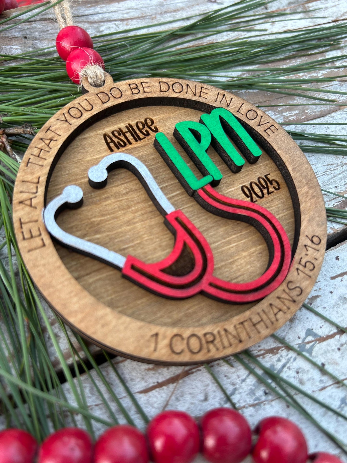 Personalized LPN Nurse Christmas Tree Ornament | Religious Gift for Nursing Graduate | Let All That You Do Be Done In Love 1 Cor 15:16