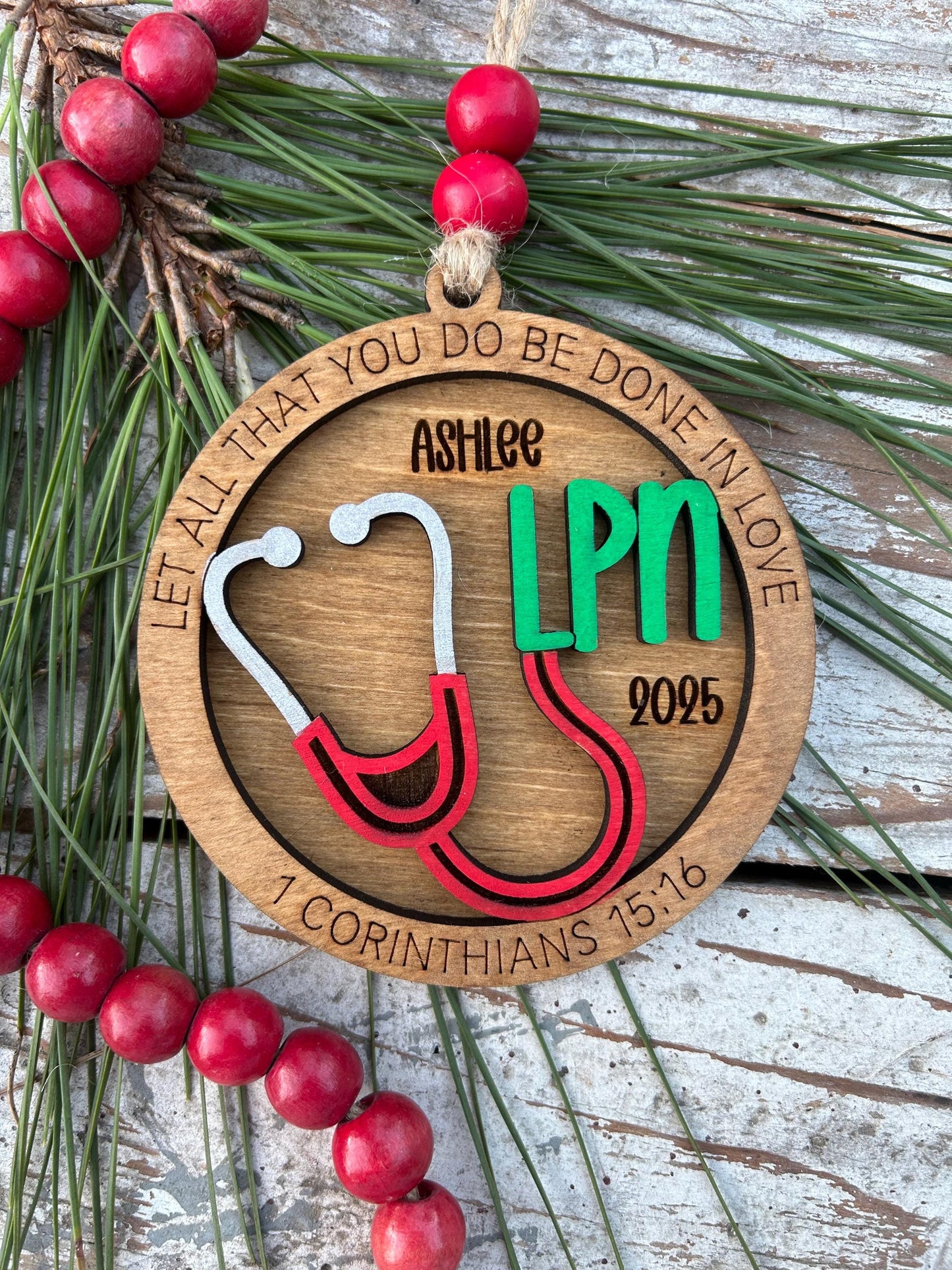 Personalized LPN Nurse Christmas Tree Ornament | Religious Gift for Nursing Graduate | Let All That You Do Be Done In Love 1 Cor 15:16