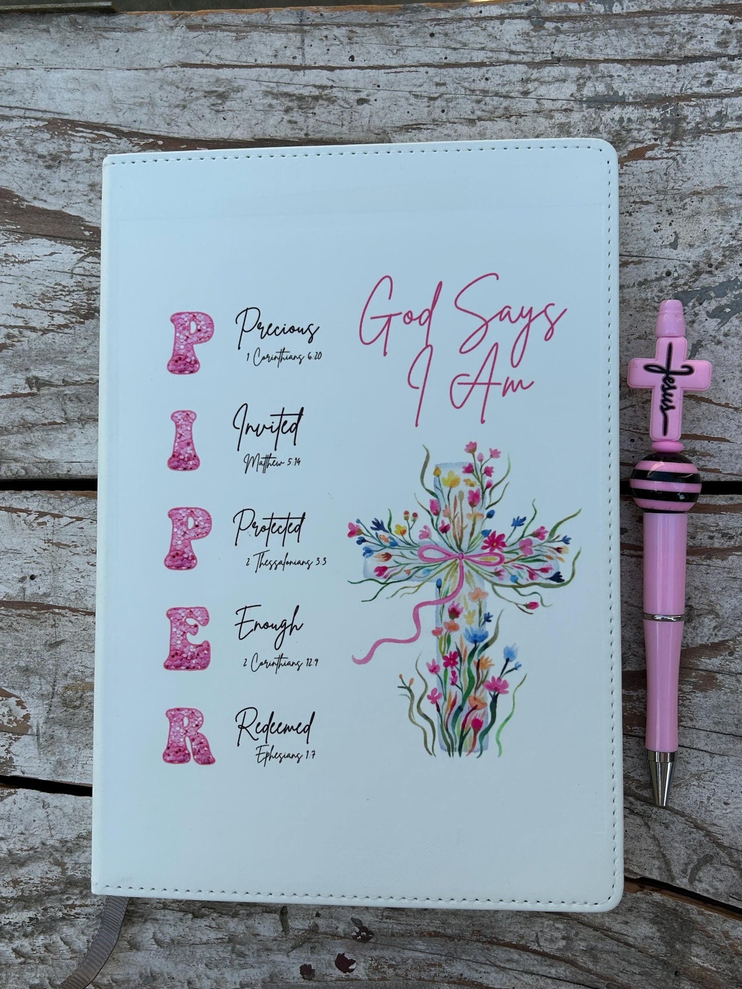 Personalized God Says I Am Bible Verse Name Journal | Christian Religious Notebook for Girl | First Communion Baptism Easter Pastor Gift