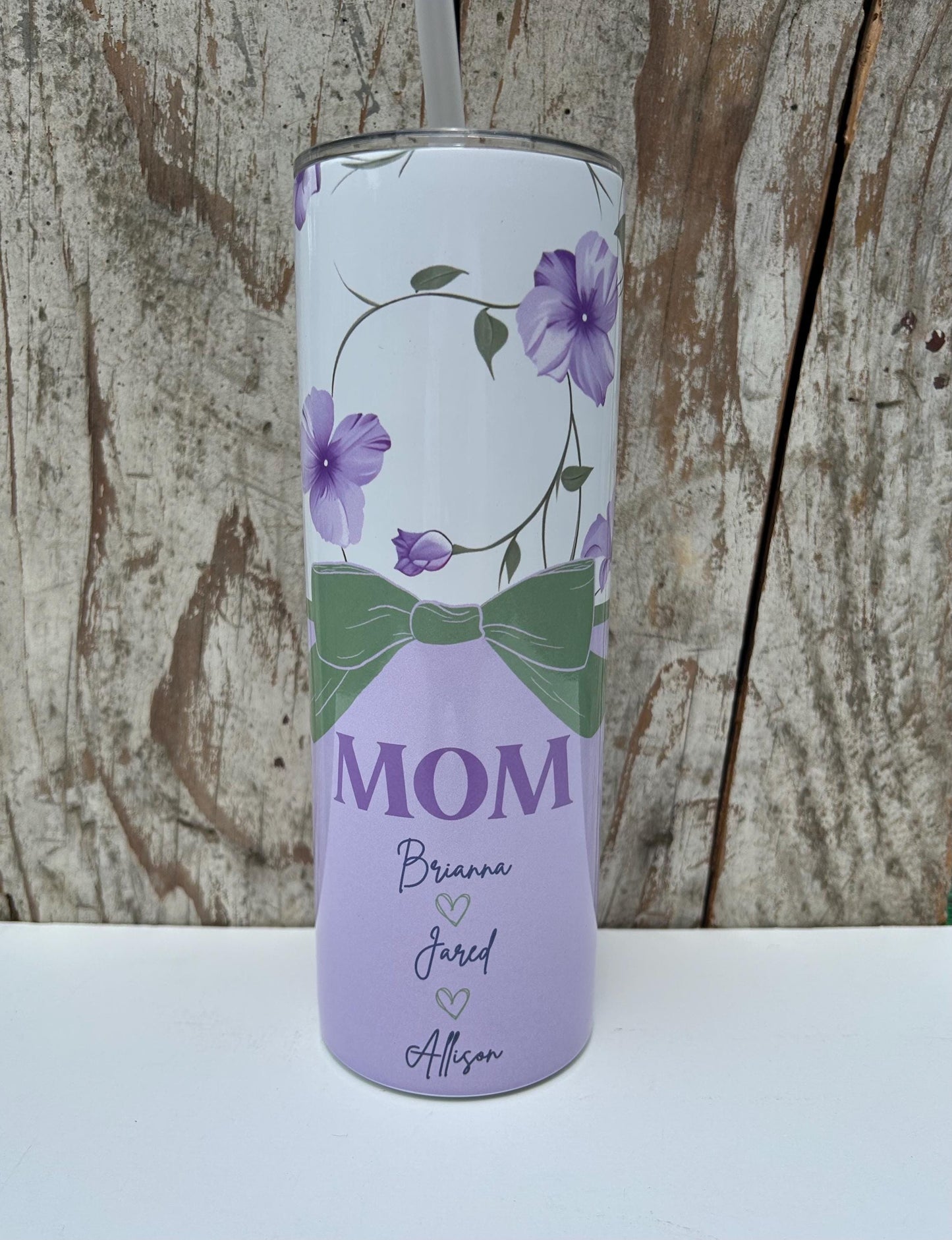 Personalized Mom Tumbler with Names | Coquette Bow | New Mommy Mama Stainless Steel 20 oz Purple Floral Cup | Mothers Day Gift from Kids