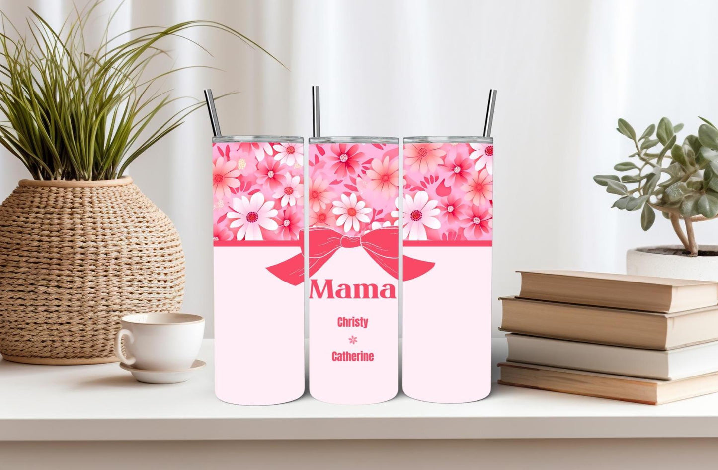 Personalized Mom Pink Daisy Tumbler with Kids Names | Coquette Bow | New Mommy Mama Stainless Steel 20 oz Flower Cup | Mothers Day Gift