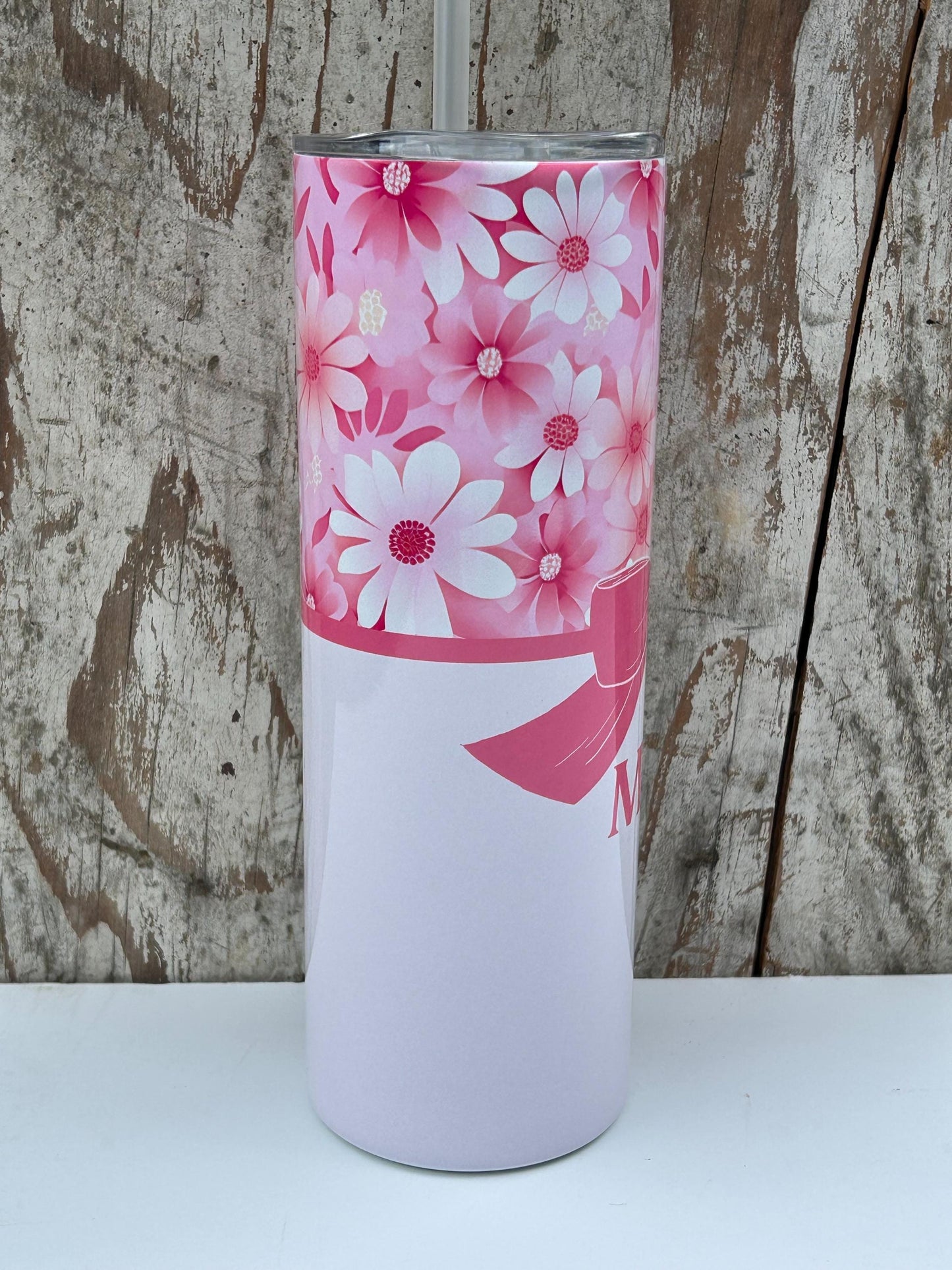 Personalized Mom Pink Daisy Tumbler with Kids Names | Coquette Bow | New Mommy Mama Stainless Steel 20 oz Flower Cup | Mothers Day Gift