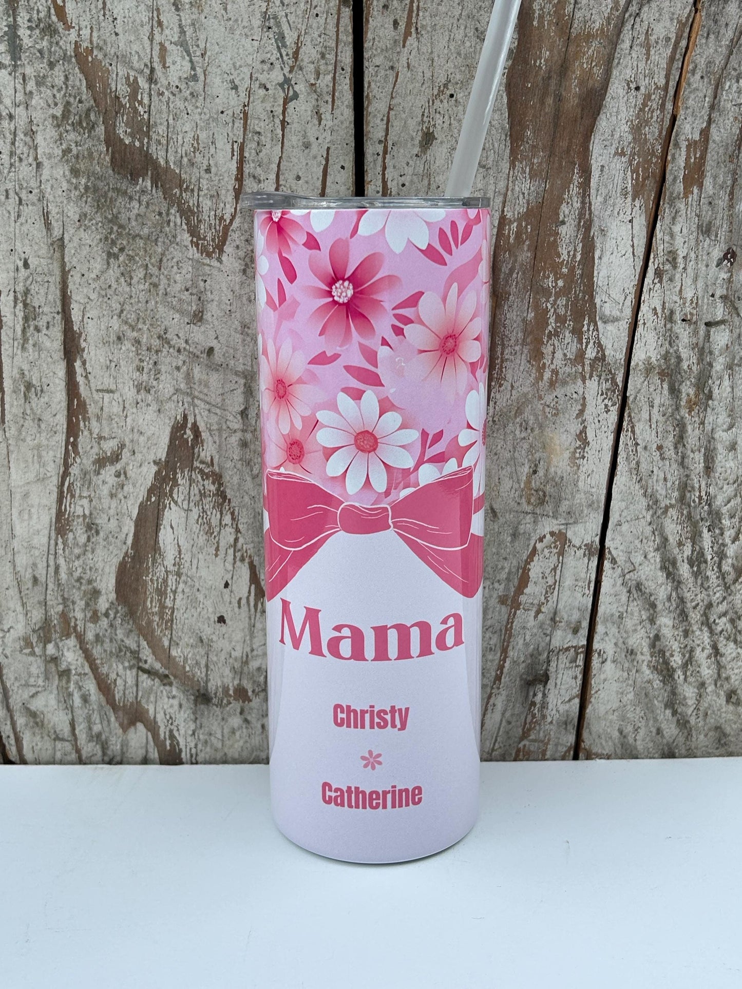 Personalized Mom Pink Daisy Tumbler with Kids Names | Coquette Bow | New Mommy Mama Stainless Steel 20 oz Flower Cup | Mothers Day Gift