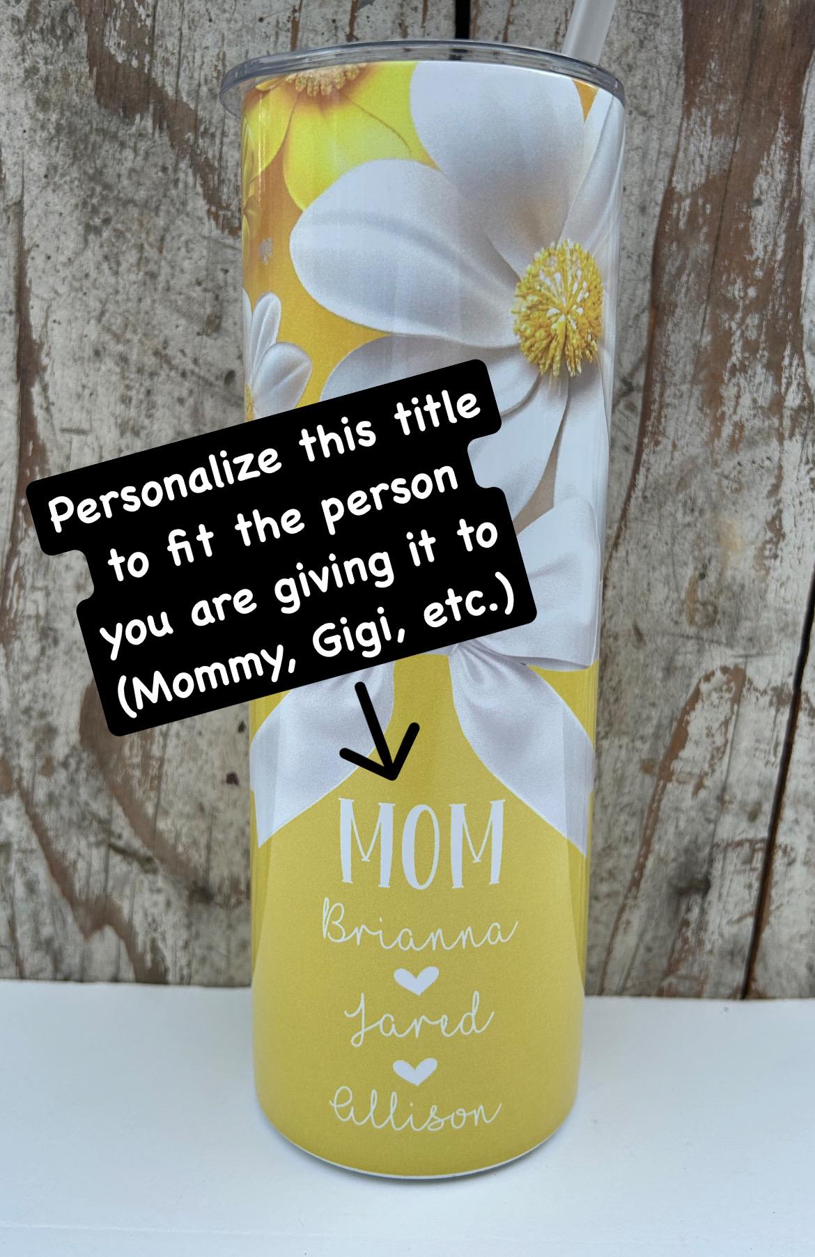 Personalized Mom Yellow Daisy Tumbler with Kids Names | Coquette Bow | New Mommy Mama Stainless Steel 20 oz Flower Cup | Mothers Day Gift
