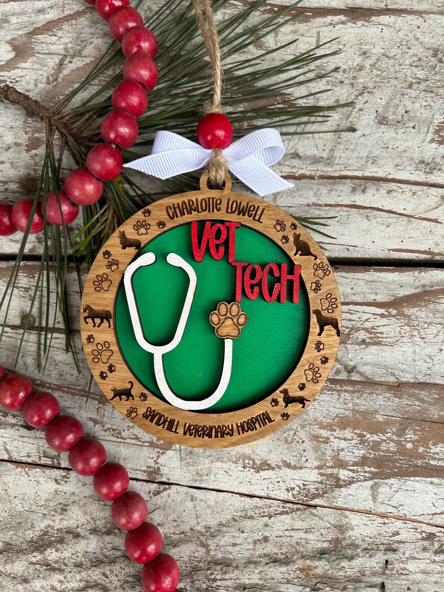 Personalized Vet Tech Christmas Tree Ornament | Veterinarian Technician | Holiday Present For Animal Care | Appreciation Gift Dog Cat Horse
