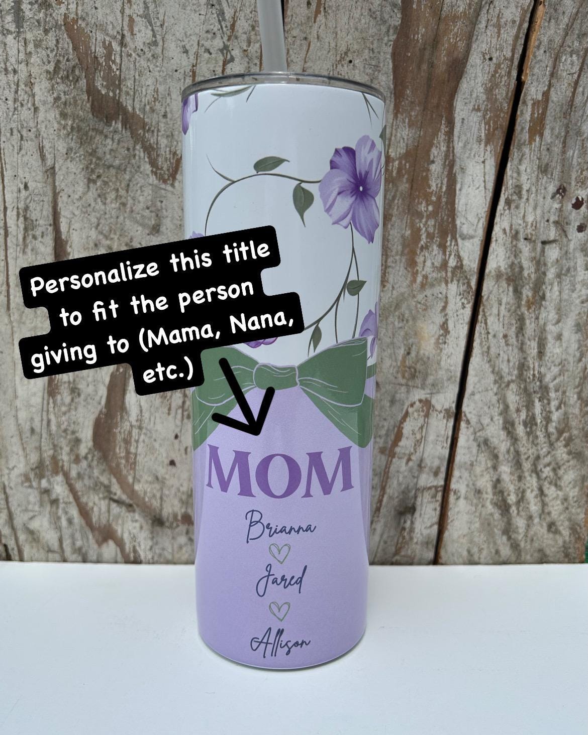 Personalized Mom Tumbler with Names | Coquette Bow | New Mommy Mama Stainless Steel 20 oz Purple Floral Cup | Mothers Day Gift from Kids