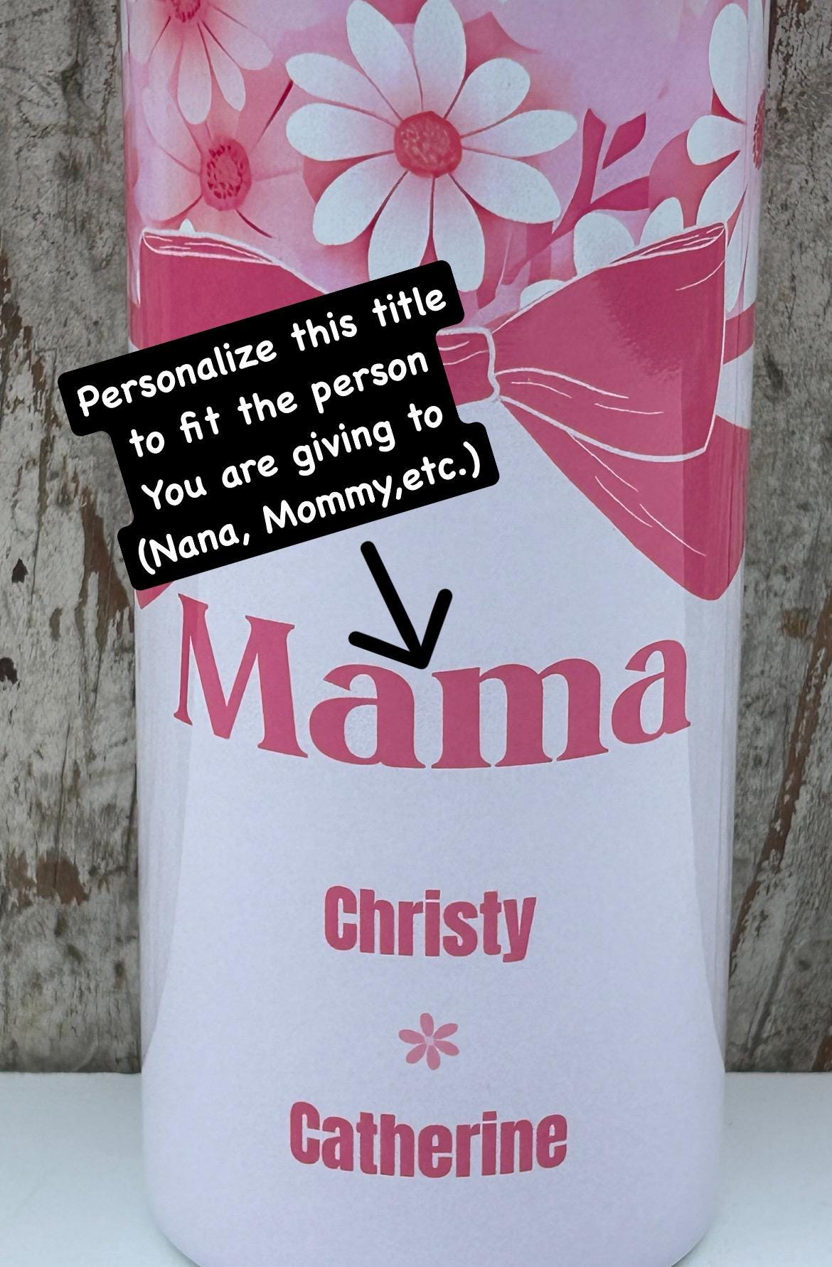 Personalized Mom Pink Daisy Tumbler with Kids Names | Coquette Bow | New Mommy Mama Stainless Steel 20 oz Flower Cup | Mothers Day Gift