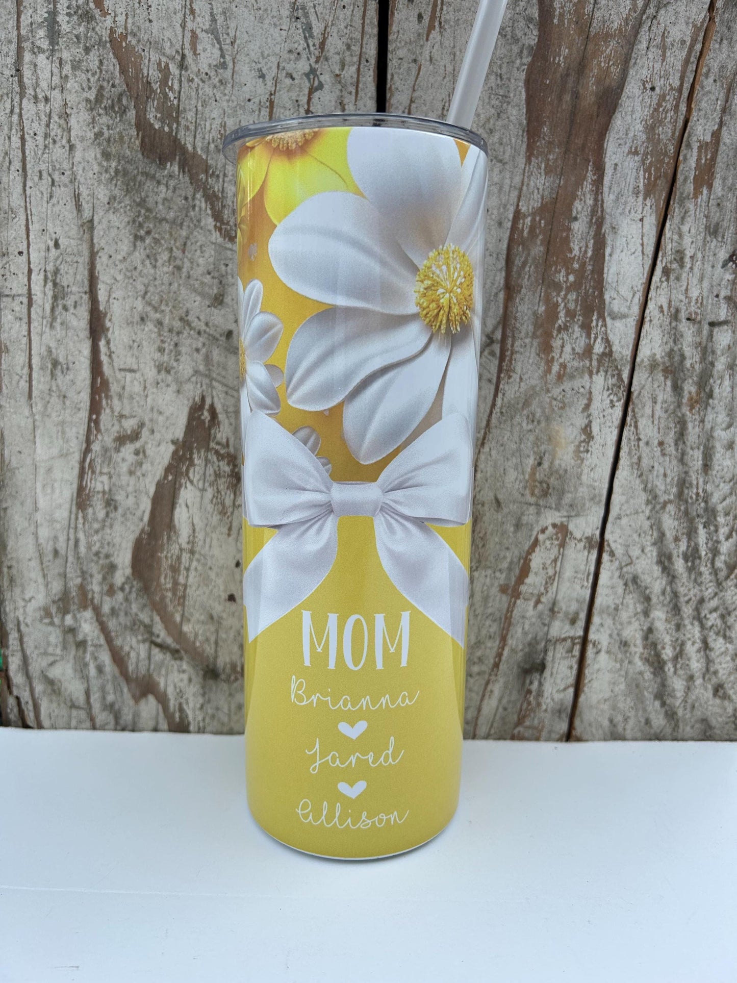 Personalized Mom Yellow Daisy Tumbler with Kids Names | Coquette Bow | New Mommy Mama Stainless Steel 20 oz Flower Cup | Mothers Day Gift