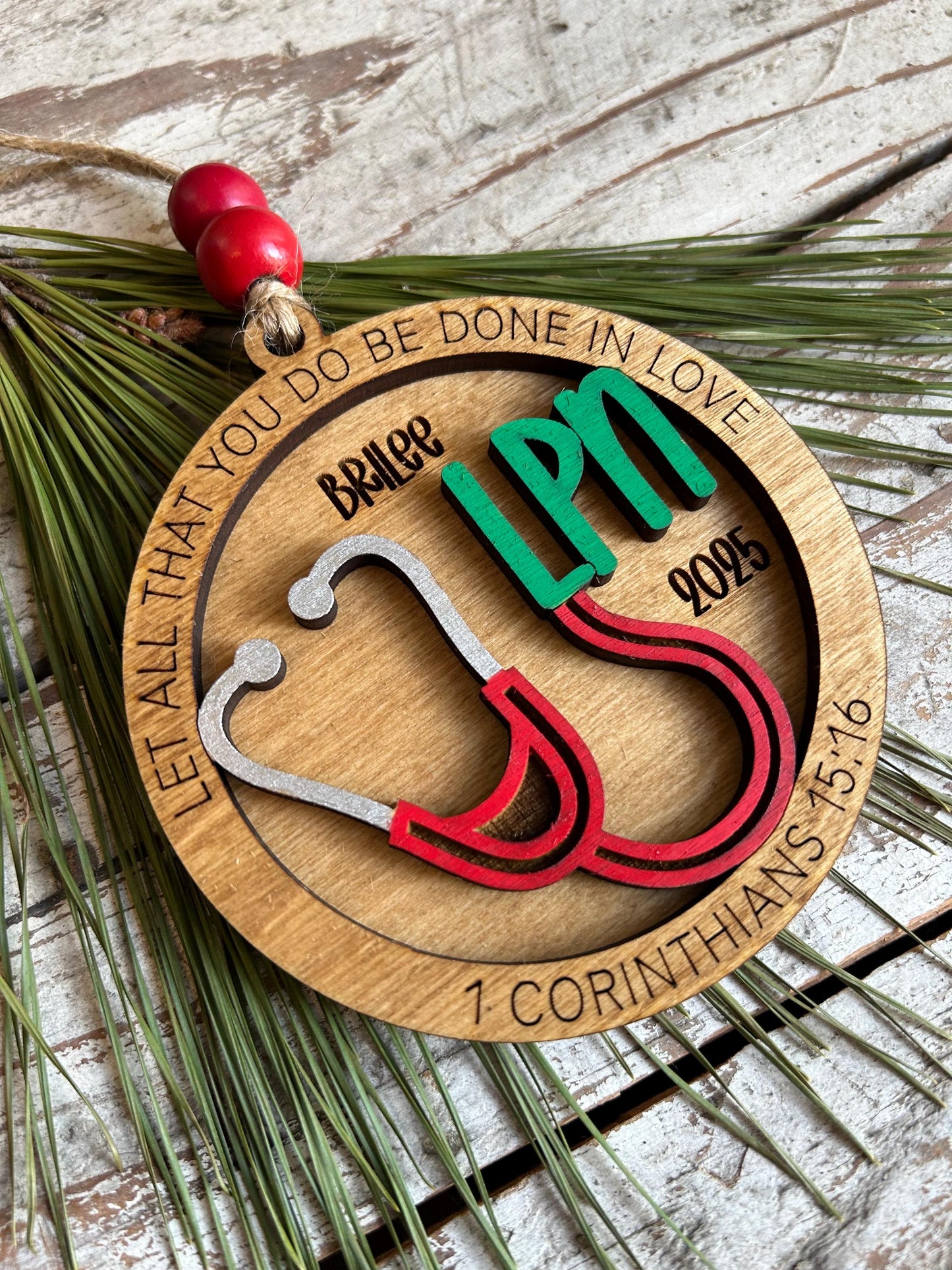 Personalized LPN Nurse Christmas Tree Ornament | Religious Gift for Nursing Graduate | Let All That You Do Be Done In Love 1 Cor 15:16