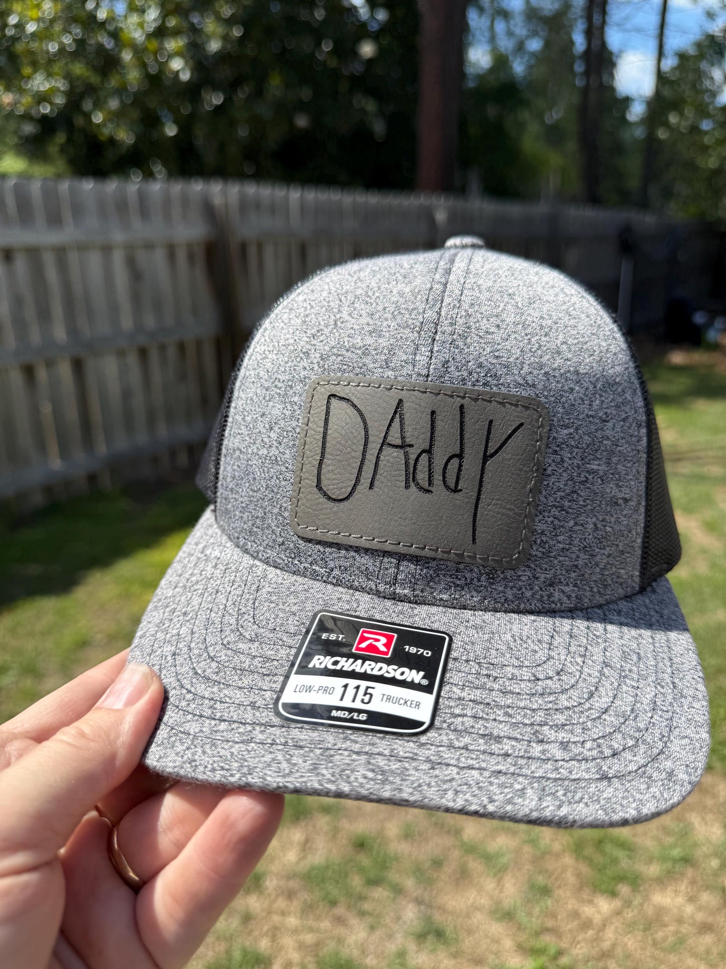 Personalized Dad Grandpa Trucker Hat | Child Handwriting Engraved Leather Patch Gift