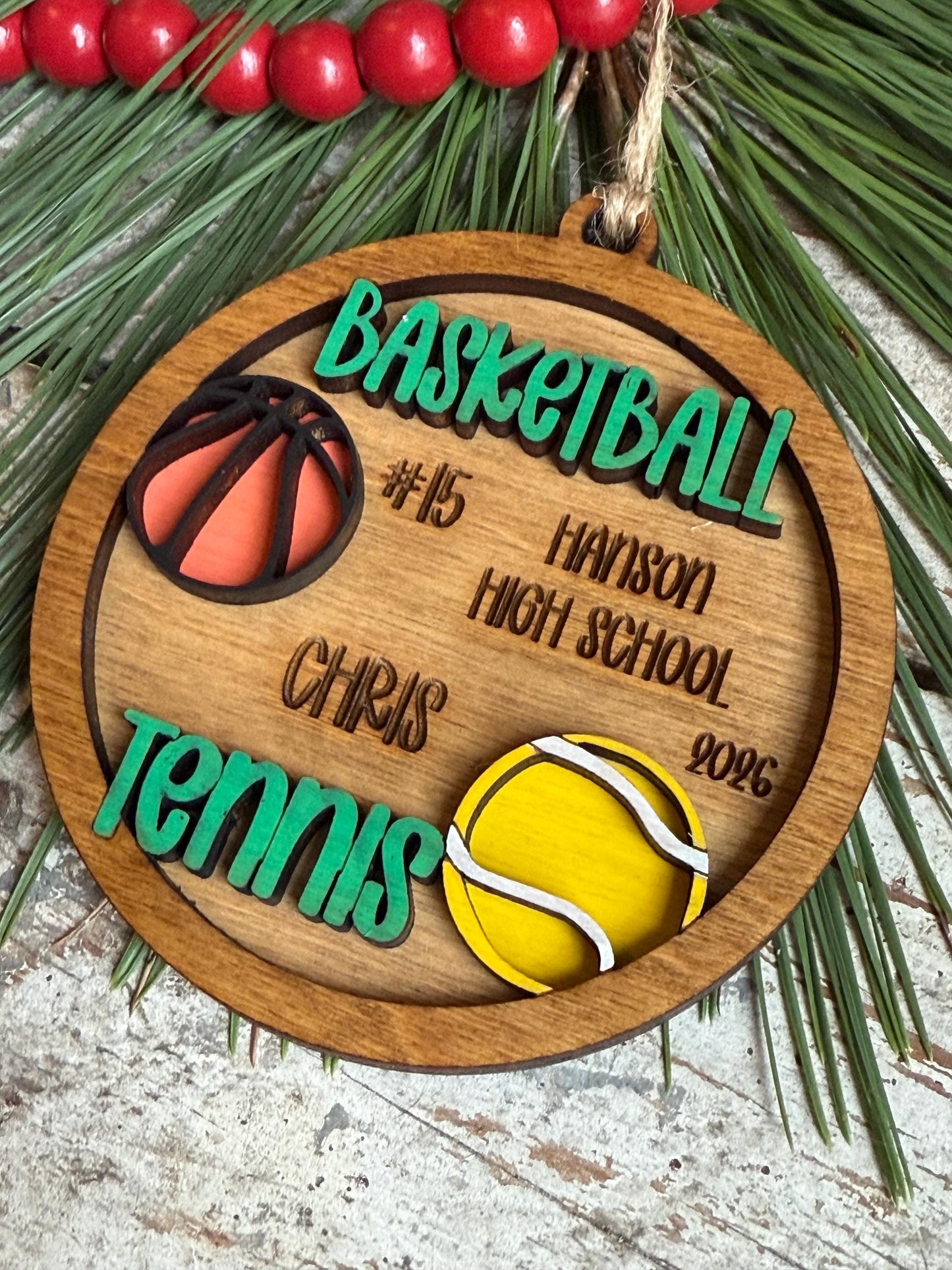Personalized Multi Sport Basketball Tennis Player Christmas Tree Ornament | Gift for High School Team | Custom Coach | Senior