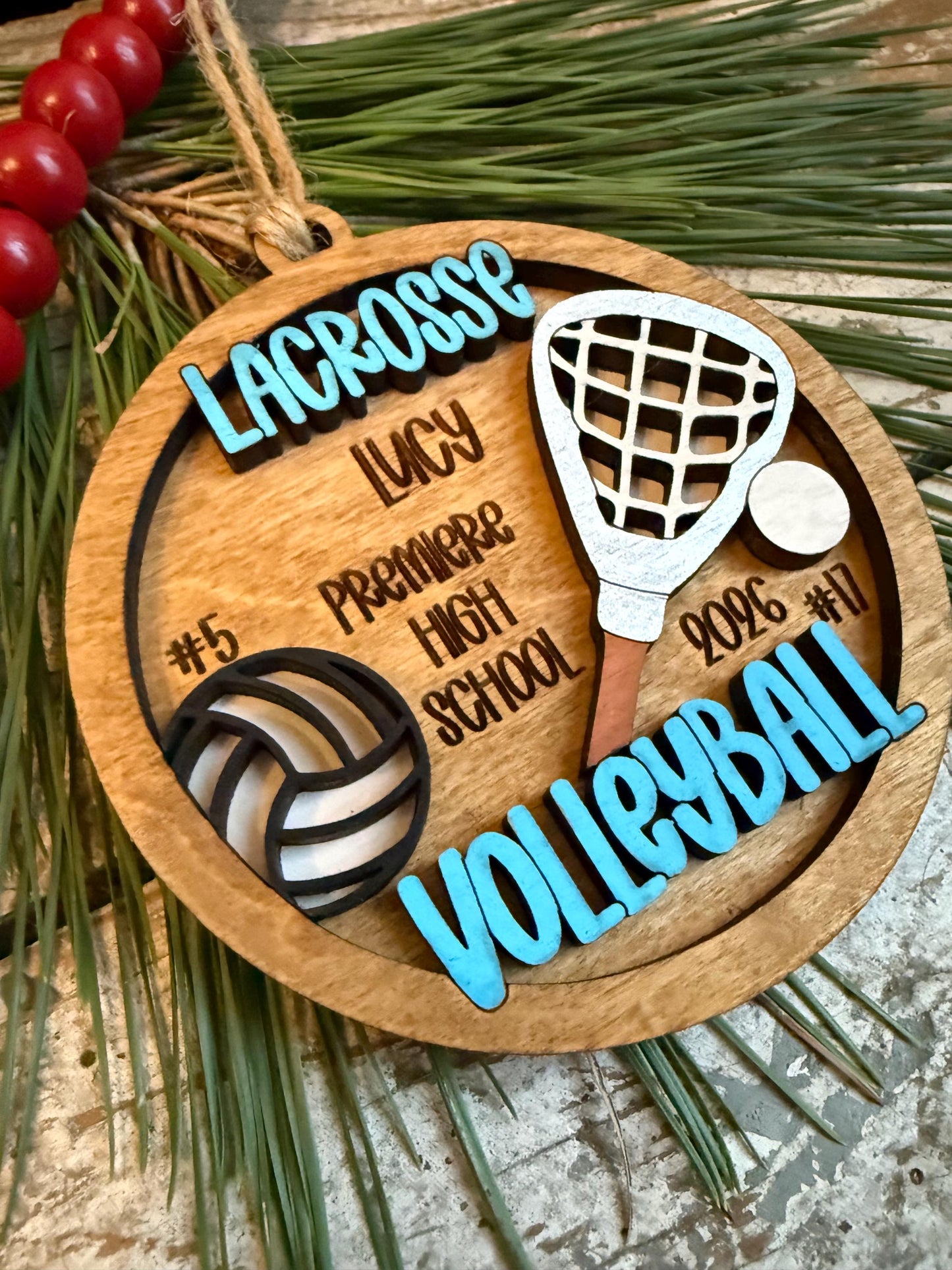 Personalized Multi Sport Lacrosse Volleyball Player Christmas Tree Ornament | Gift for High School Team | Custom Coach | Senior 2 Sports