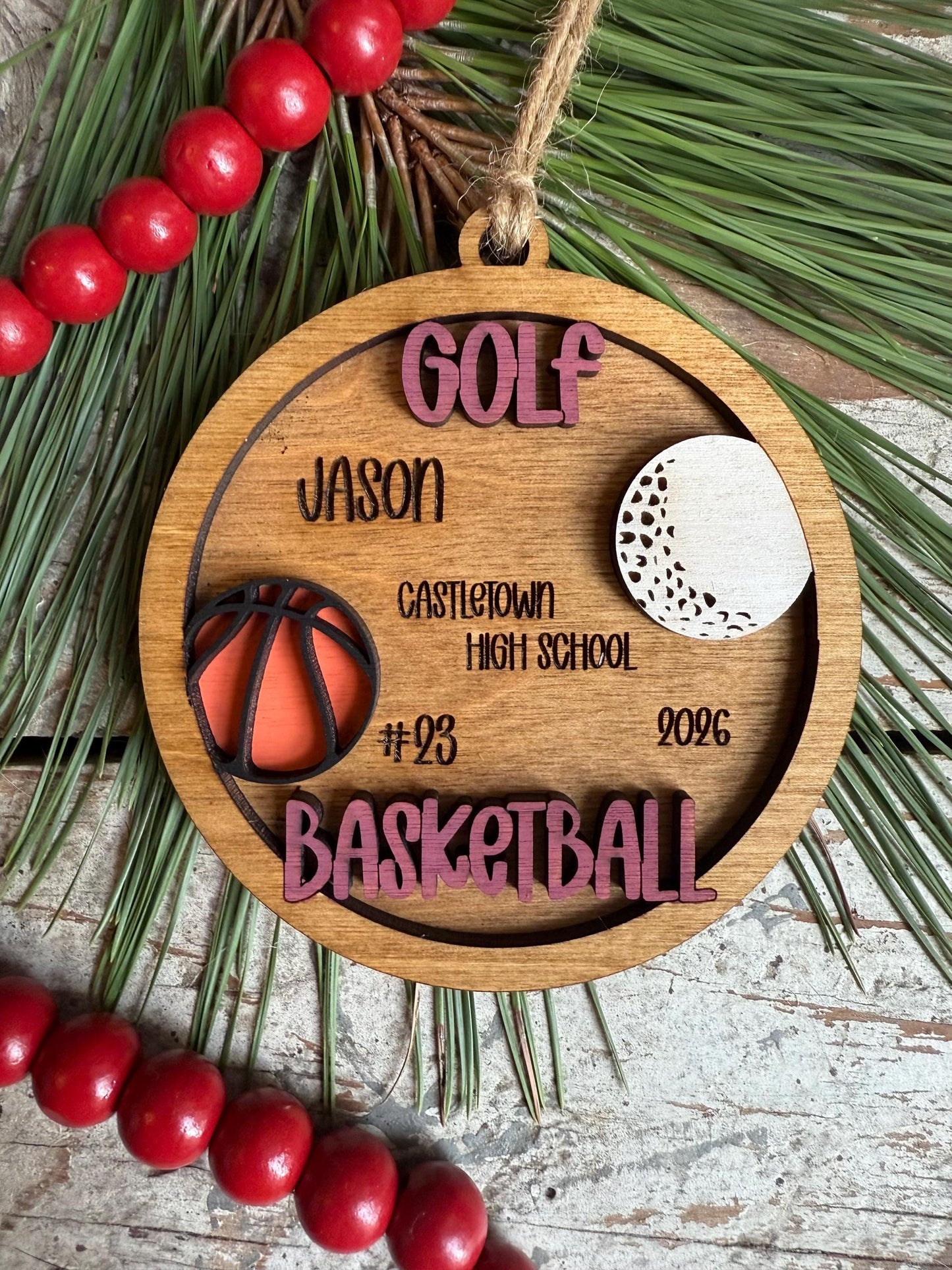 Personalized Golf Basketball Player Christmas Tree Ornament | Gift for Multi Sport High School Athlete| Present for Senior in 2 Sports