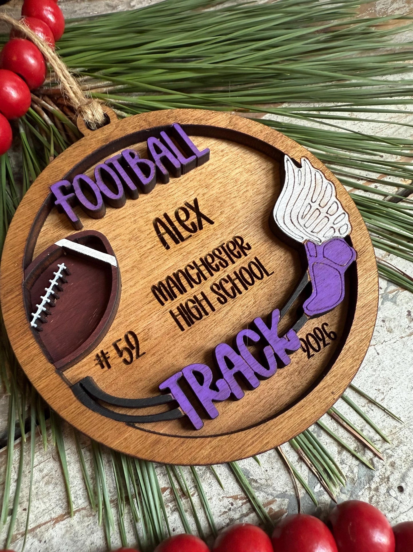 Personalized Football Track Christmas Tree Ornament | Gift for Multi Sport High School Athlete| Senior Baseball Player Football 2 Sport