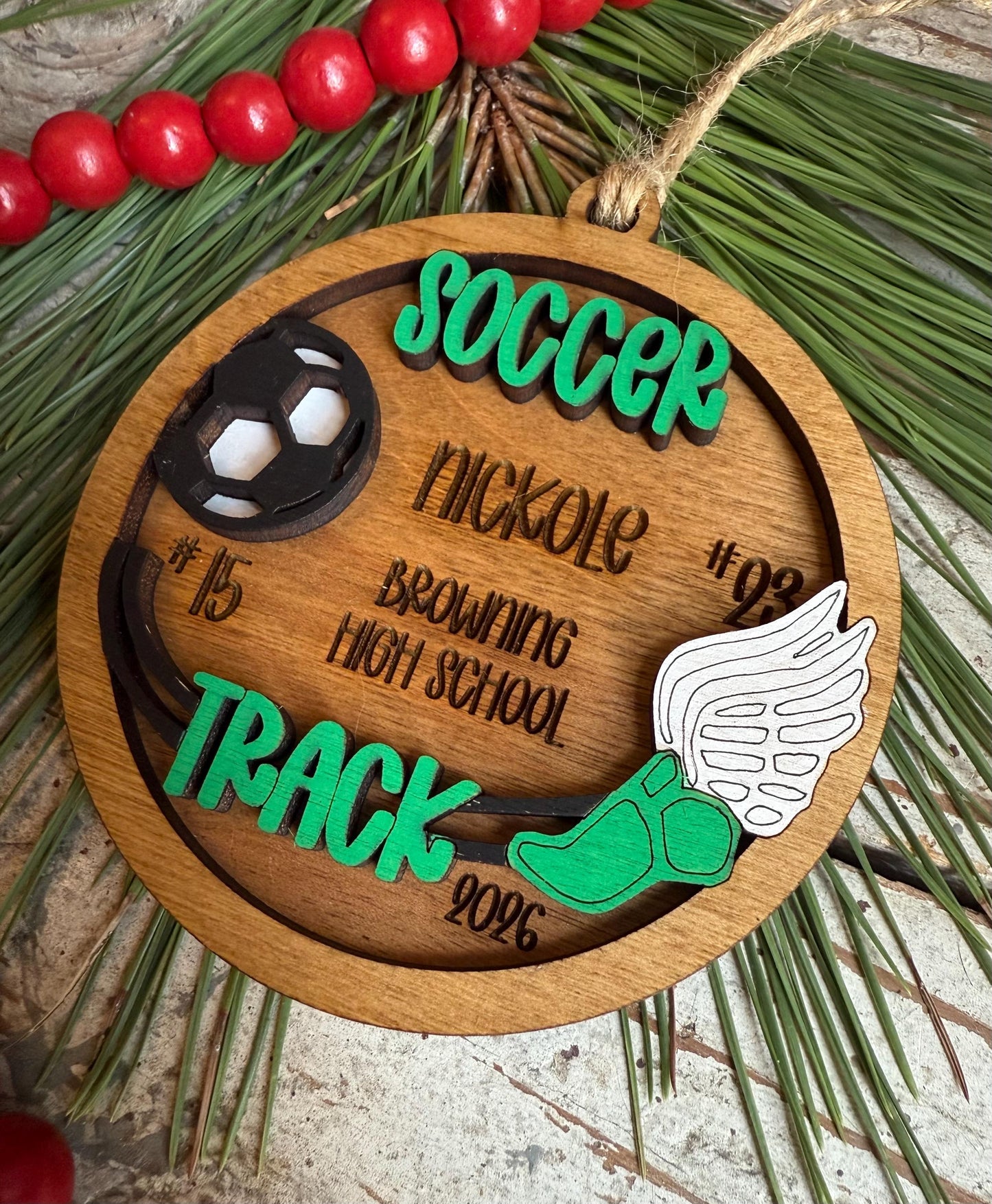 Personalized Soccer Track Christmas Tree Ornament | Gift for Multi Sport High School Athlete| Present for Senior in 2 Sports