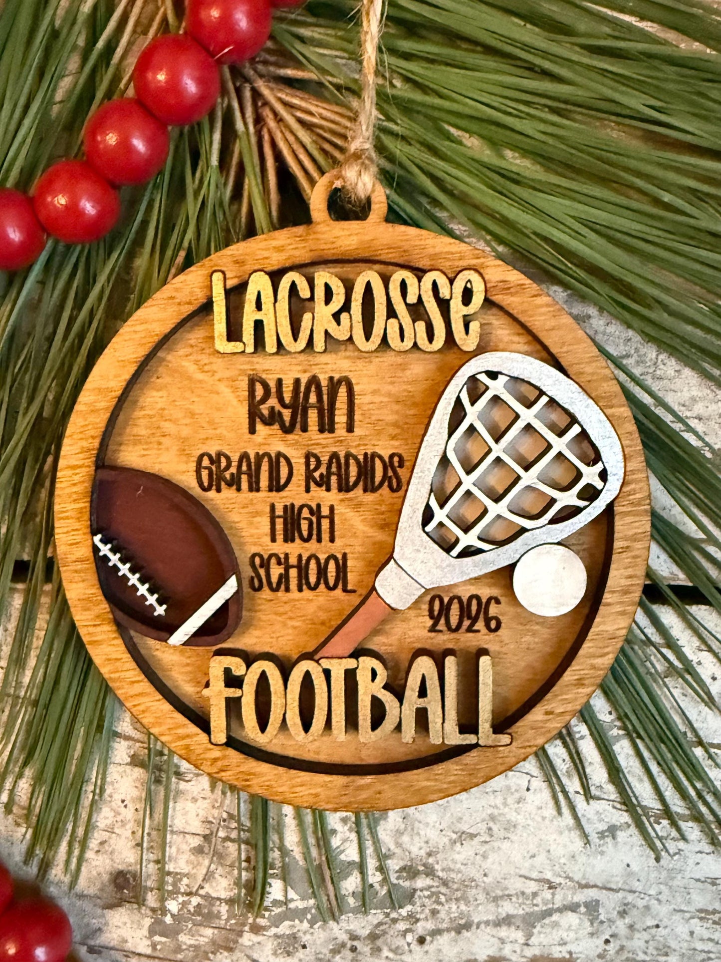 Personalized Lacrosse Football Player Christmas Tree Ornament | Gift for Multi Sport High School Athlete| Senior 2 Sport