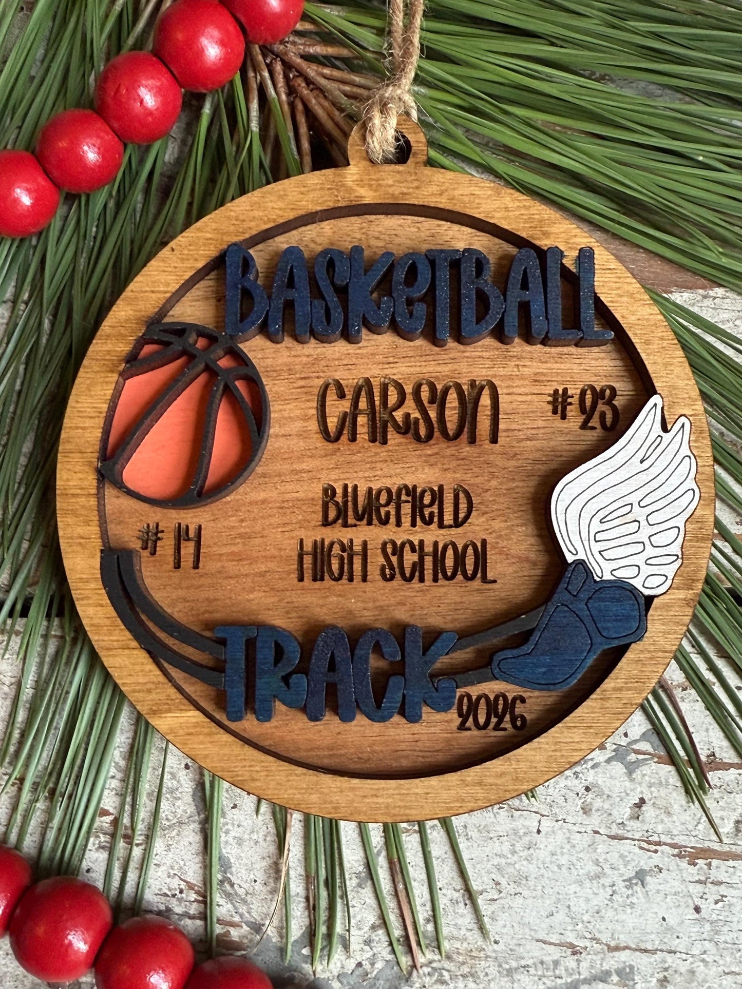 Personalized Basketball Track Multi Sport Christmas Tree Ornament | Gift for High School Team | Custom Coach | Senior 2 Sports Player