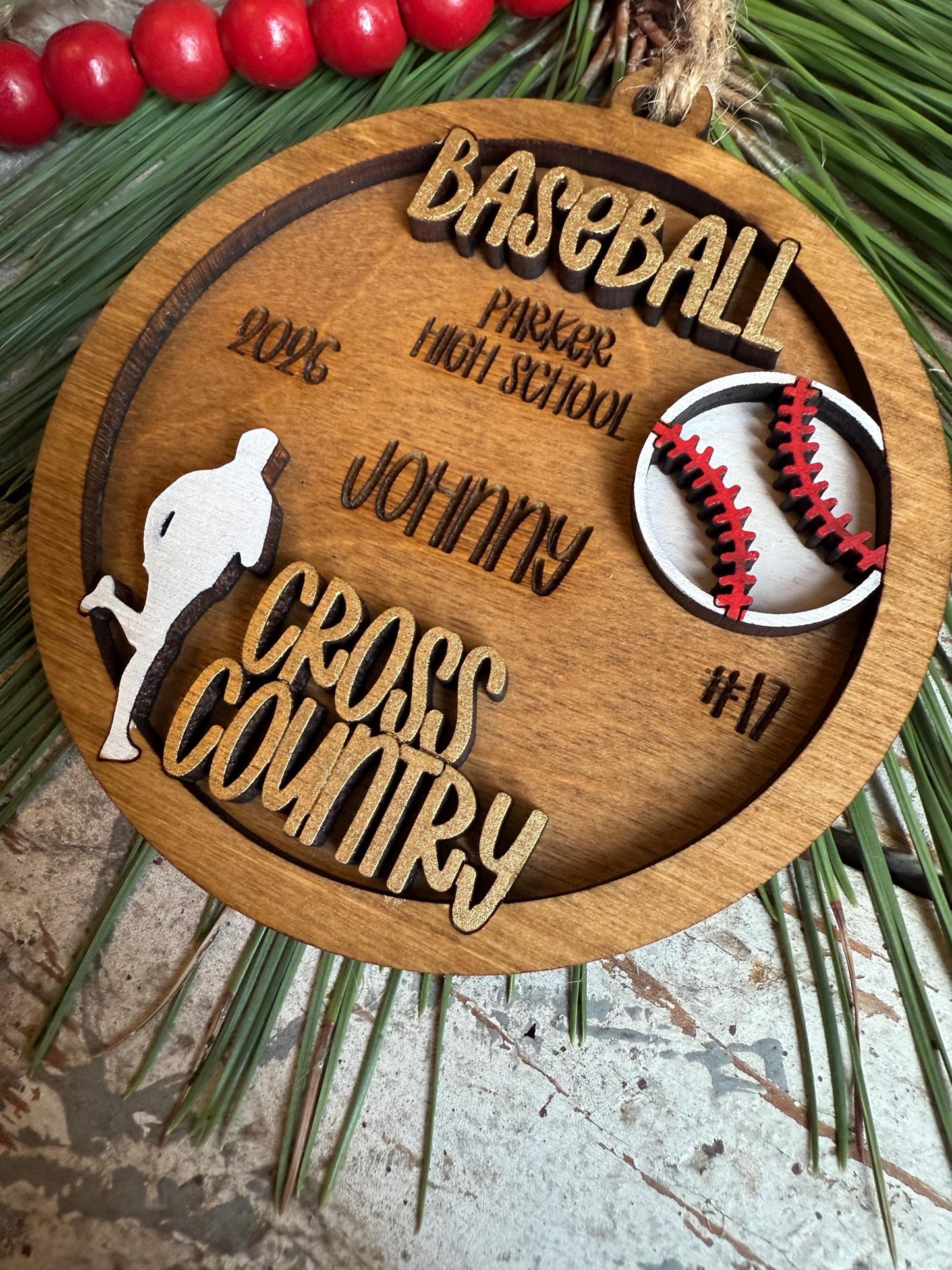Personalized Multi Sport Baseball and Cross-Country Christmas Tree Ornament | Gift for High School Team | Senior