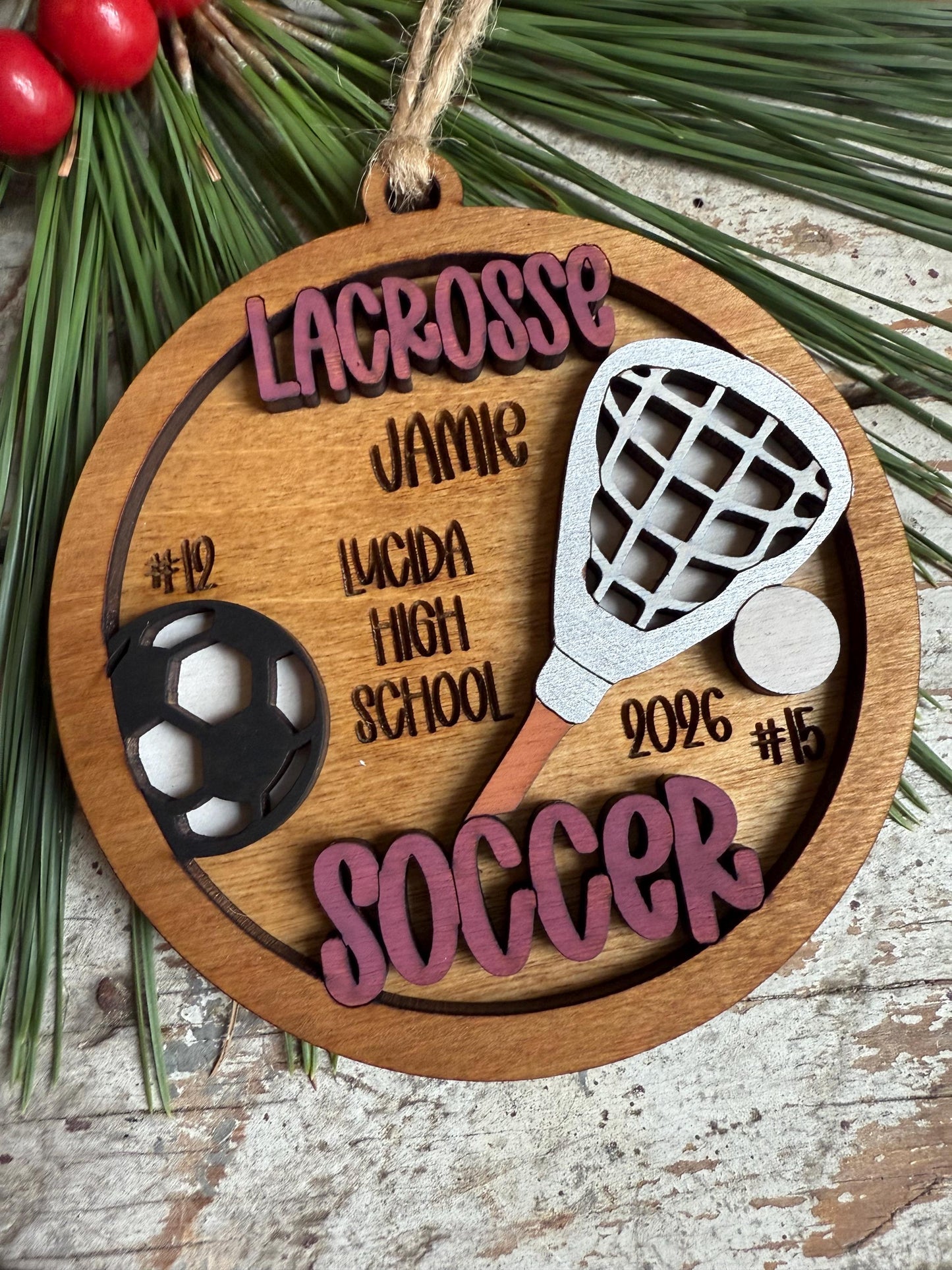 Personalized Lacrosse Soccer Player Christmas Tree Ornament | Gift for Multi Sport High School Athlete| Senior Soccer Basketball 2 Sport