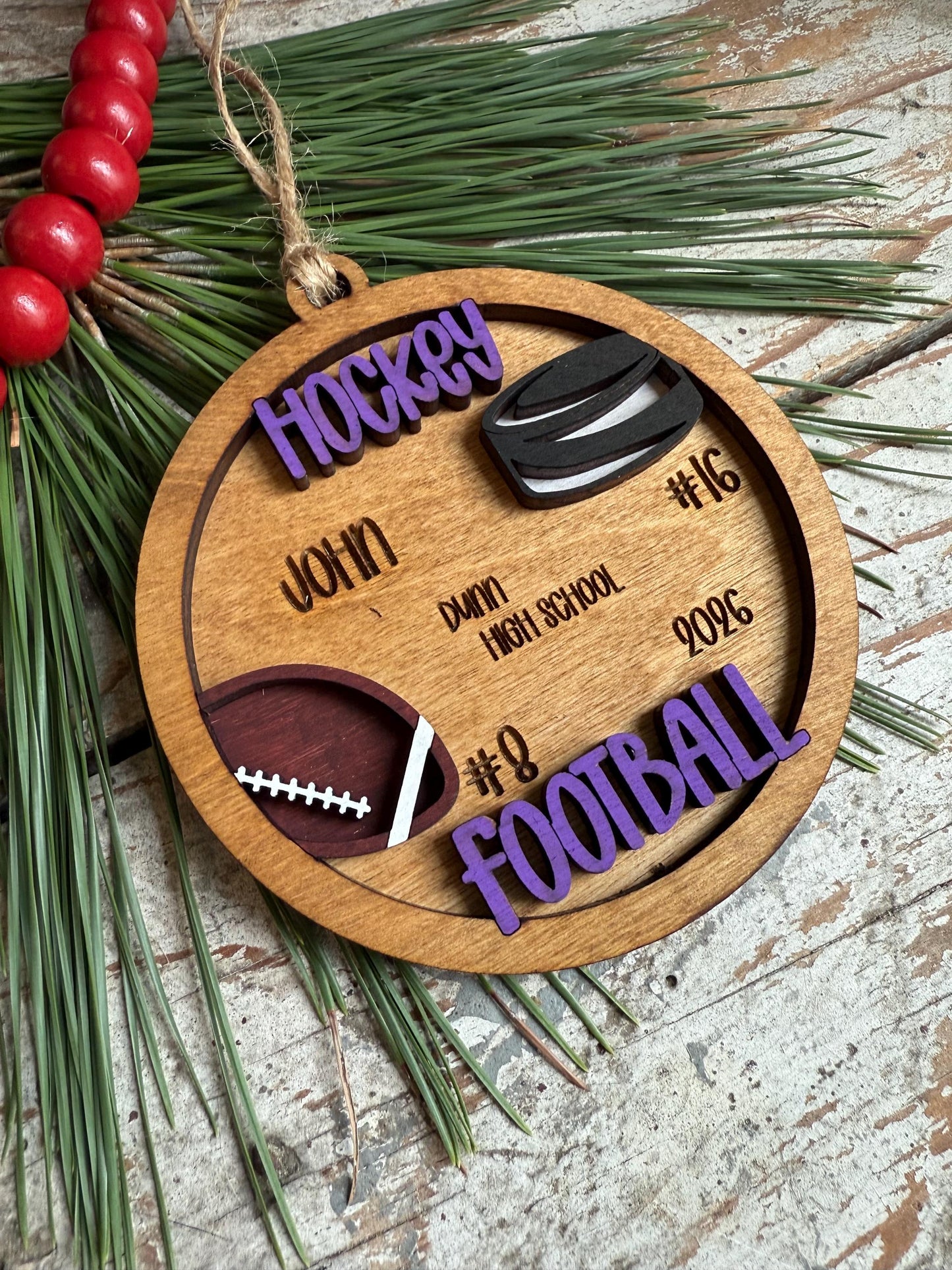 Personalized Hockey Football Player Christmas Tree Ornament | Gift for Multi Sport High School Athlete| Present for Senior in 2 Sports