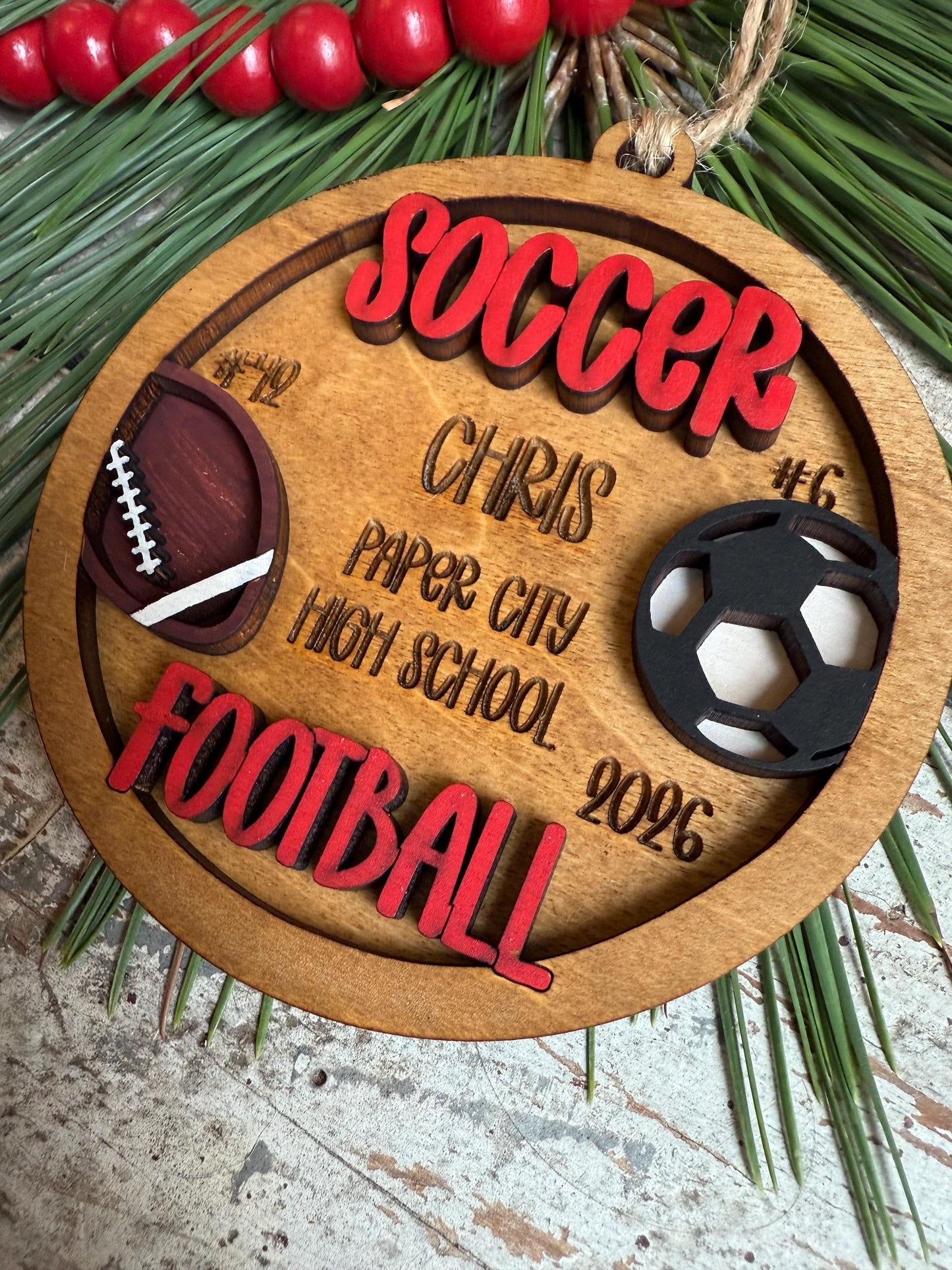 Personalized Soccer Football Player Christmas Tree Ornament | Gift for Multi Sport High School Athlete| Present for Senior in 2 Sports