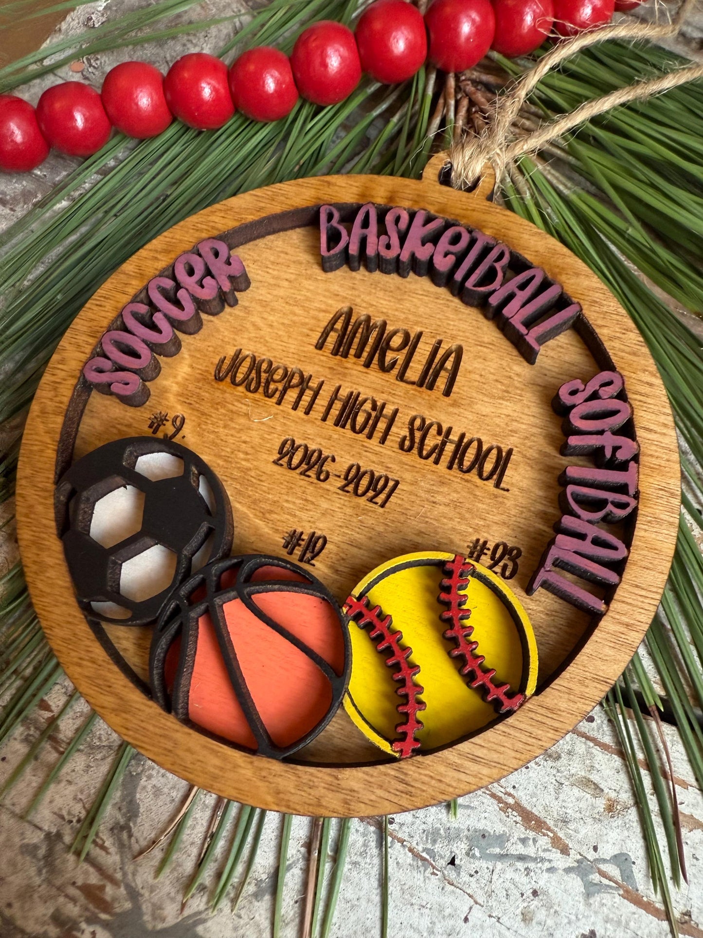 Personalized Multi Sport Soccer Basketball Softball Player Christmas Tree Ornament | Gift for Senior 3 Sports