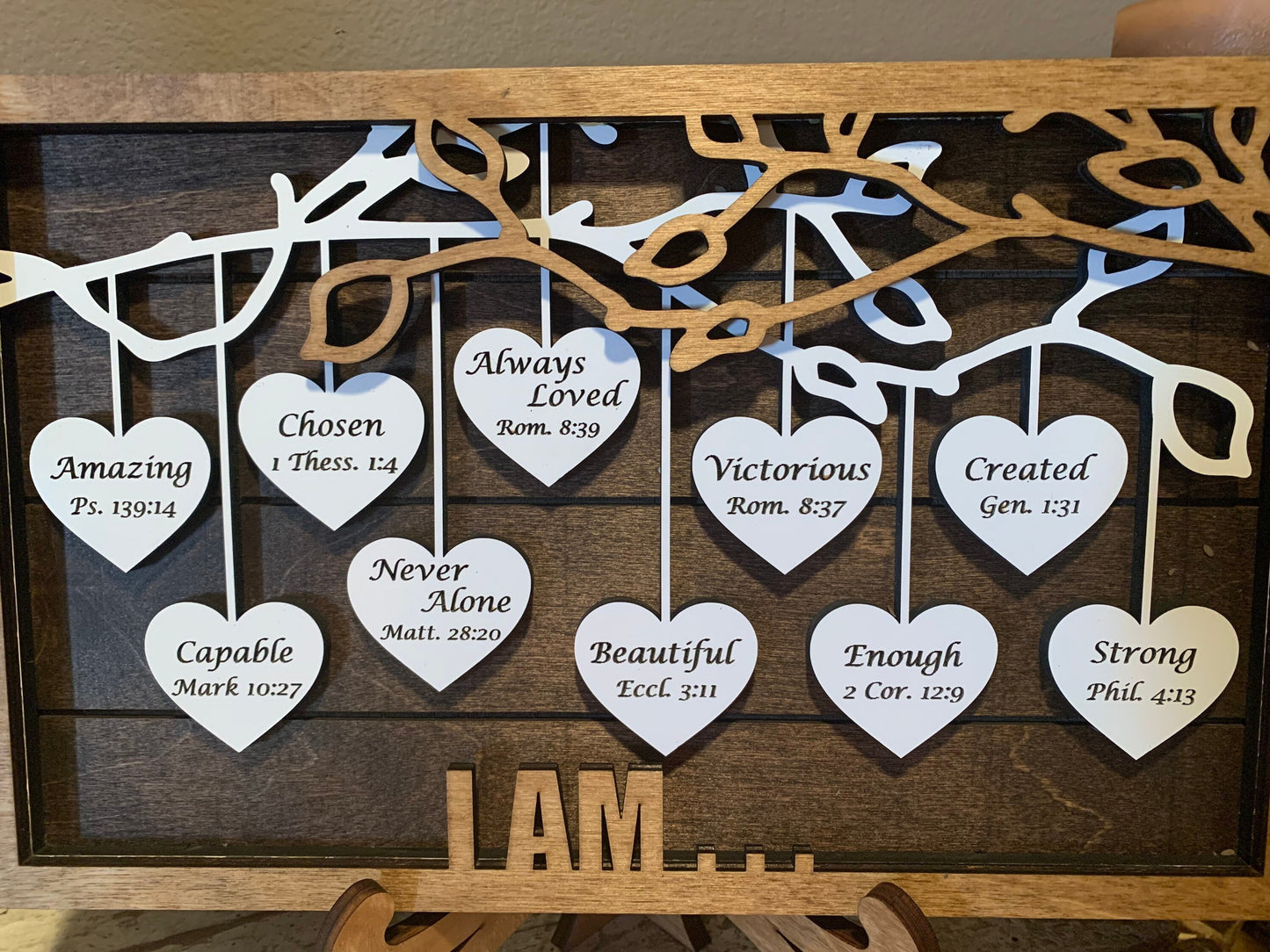 Religious Positive Affirmations Hanging Hearts Sign, I am… Amazing, Capable, Chosen.. with bible verses Mother’s Day | Graduation gift.