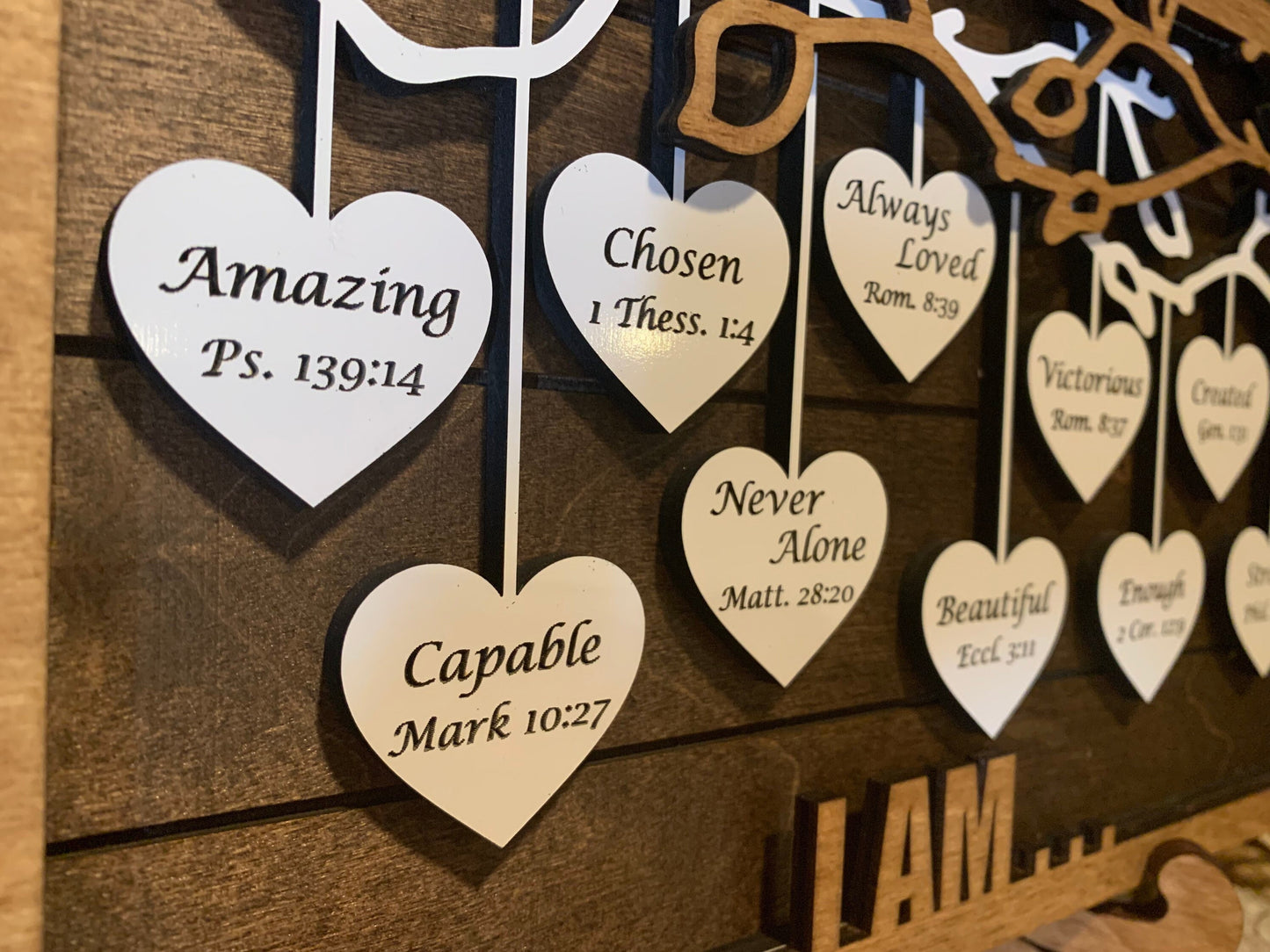 Religious Positive Affirmations Hanging Hearts Sign, I am… Amazing, Capable, Chosen.. with bible verses Mother’s Day | Graduation gift.