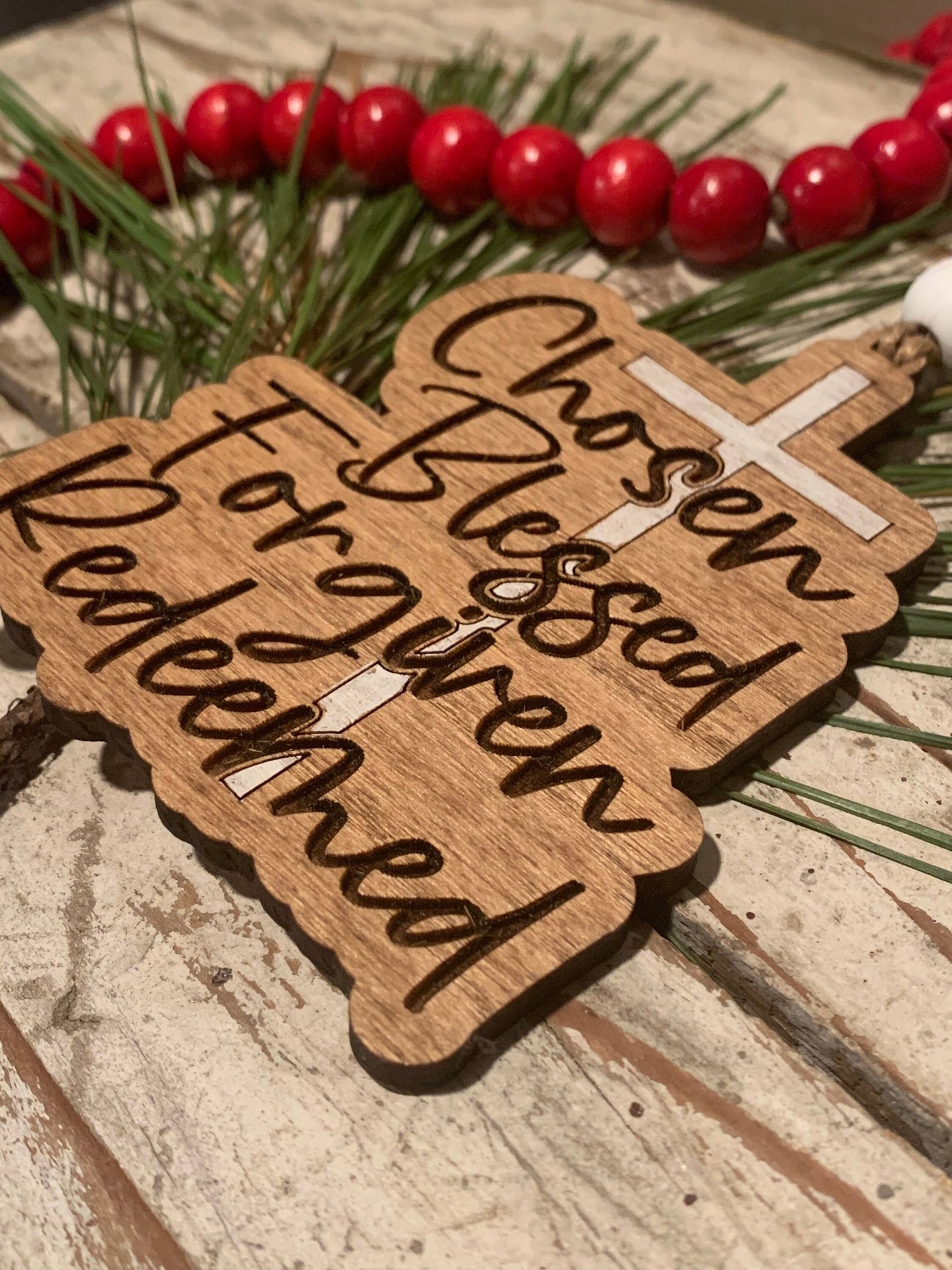 Chosen, Blessed, Forgiven, Redeemed on Cross Religious Christmas Tree Ornament | Gift for Sunday School Class | Pastor Gift