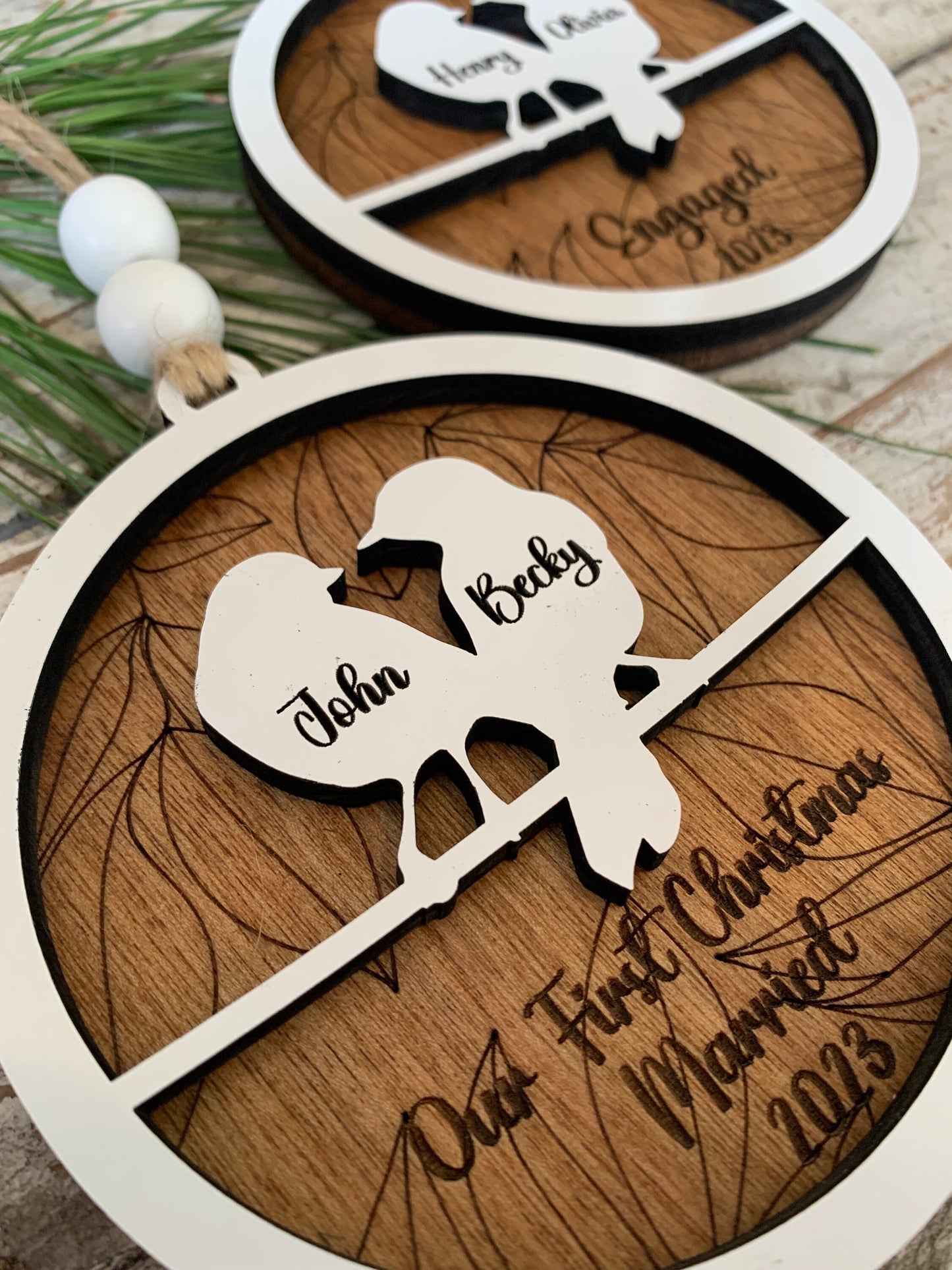 Personalized Love Birds Christmas Tree Ornament | Mr. and Mrs. Ornament | Wedding Gift | Gift for Newlyweds | Engagement Ornament | Our Nest