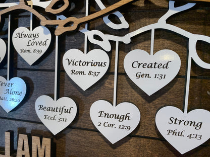 Religious Positive Affirmations Hanging Hearts Sign, I am… Amazing, Capable, Chosen..  with bible verses Mother’s Day | Graduation gift.