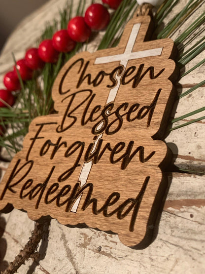 Chosen, Blessed, Forgiven, Redeemed on Cross Religious Christmas Tree Ornament | Gift for Sunday School Class | Pastor Gift