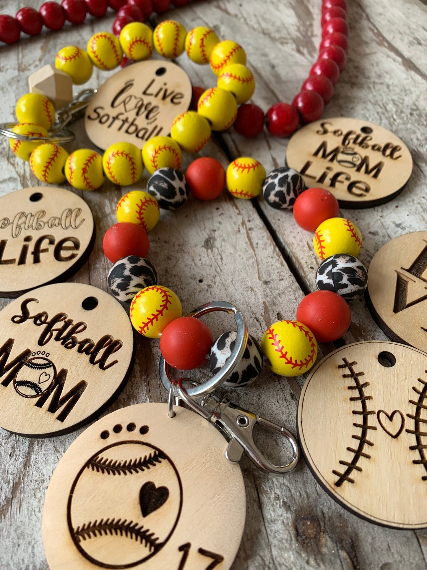 Personalized Softball Wristlet Keychain with Wood disc for Player or Mom | Gift for Softball Lover