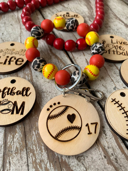 Personalized Softball Wristlet Keychain with Wood disc for Player or Mom | Gift for Softball Lover