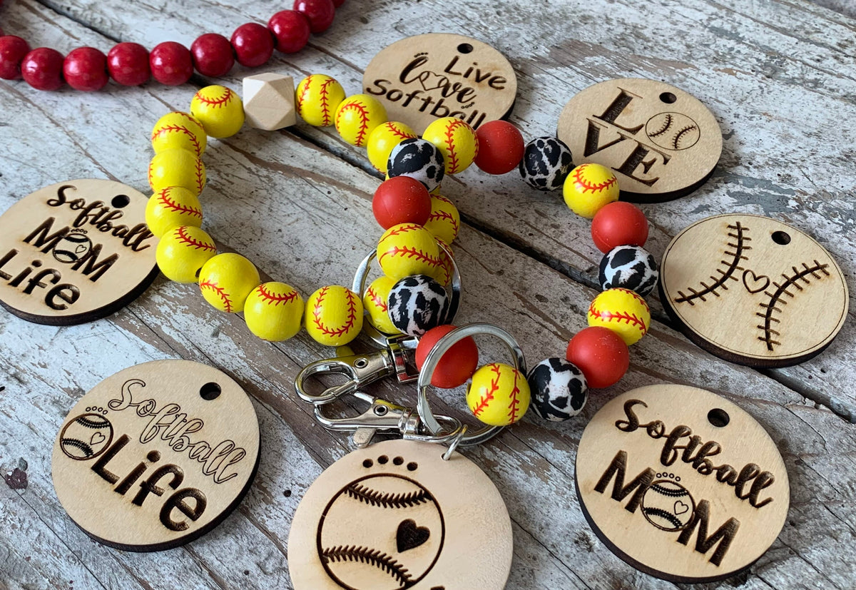 Personalized Softball Wristlet Keychain with Wood disc for Player or Mom | Gift for Softball Lover