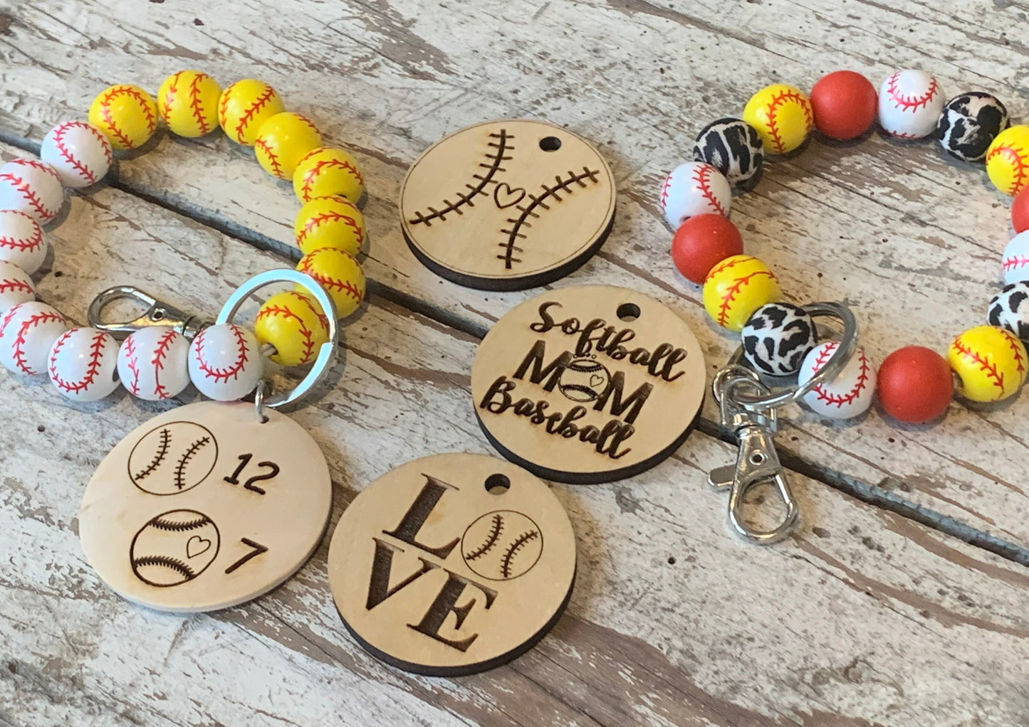 Personalized Baseball and Softball Mom Combo Wristlet Keychain with Wood disc | Gift for Baseball Mama | Softball Game Day Accessories
