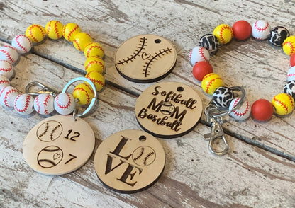 Personalized Baseball and Softball Mom Combo Wristlet Keychain with Wood disc | Gift for Baseball Mama | Softball Game Day Accessories