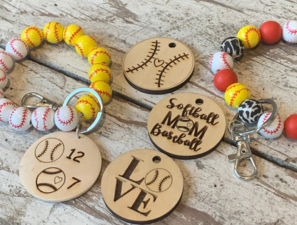 Personalized Baseball and Softball Mom Combo Wristlet Keychain with Wood disc | Gift for Baseball Mama | Softball Game Day Accessories