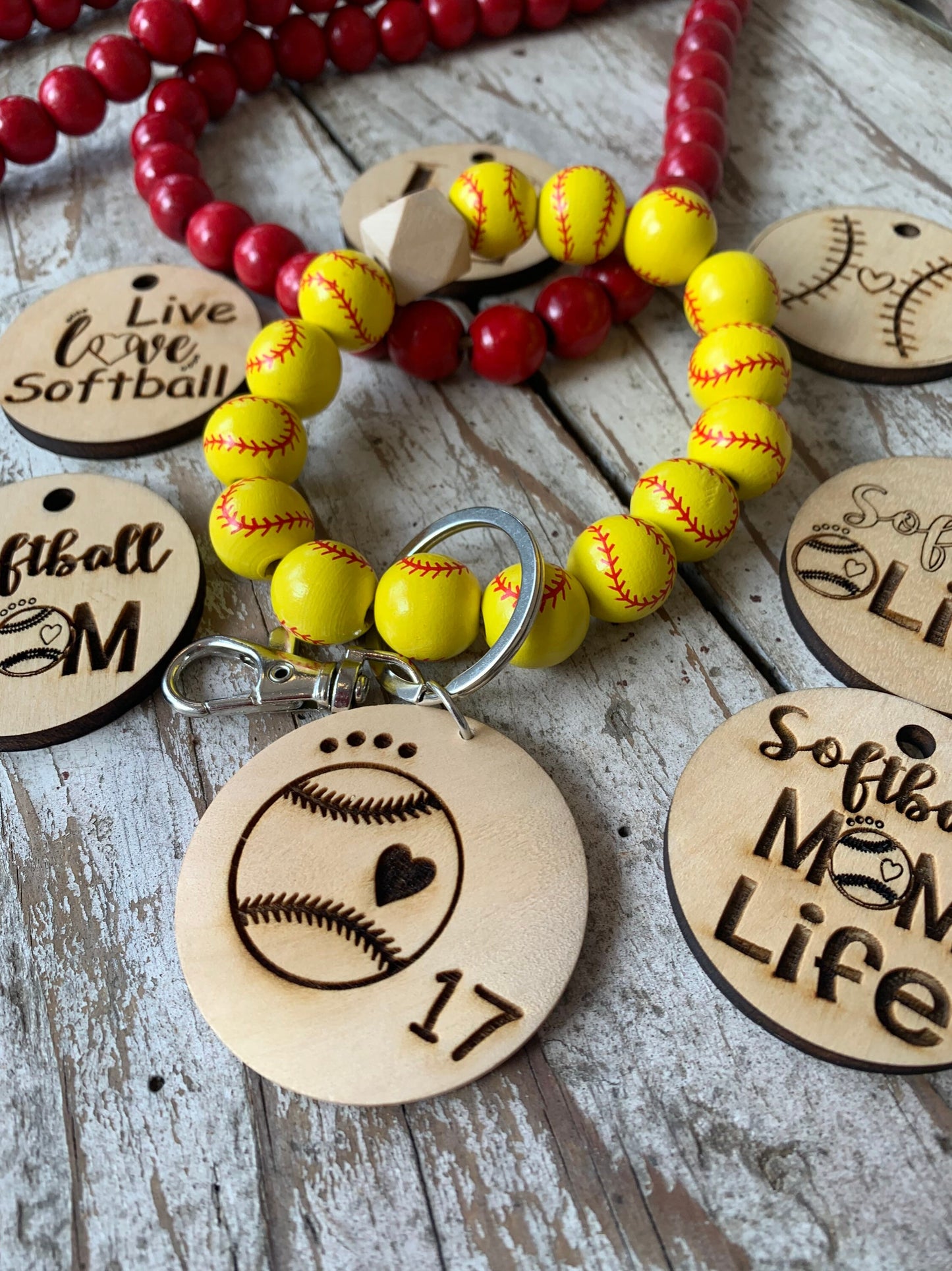 Personalized Softball Wristlet Keychain with Wood disc for Player or Mom | Gift for Softball Lover