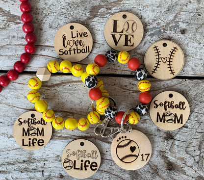 Personalized Softball Wristlet Keychain with Wood disc for Player or Mom | Gift for Softball Lover