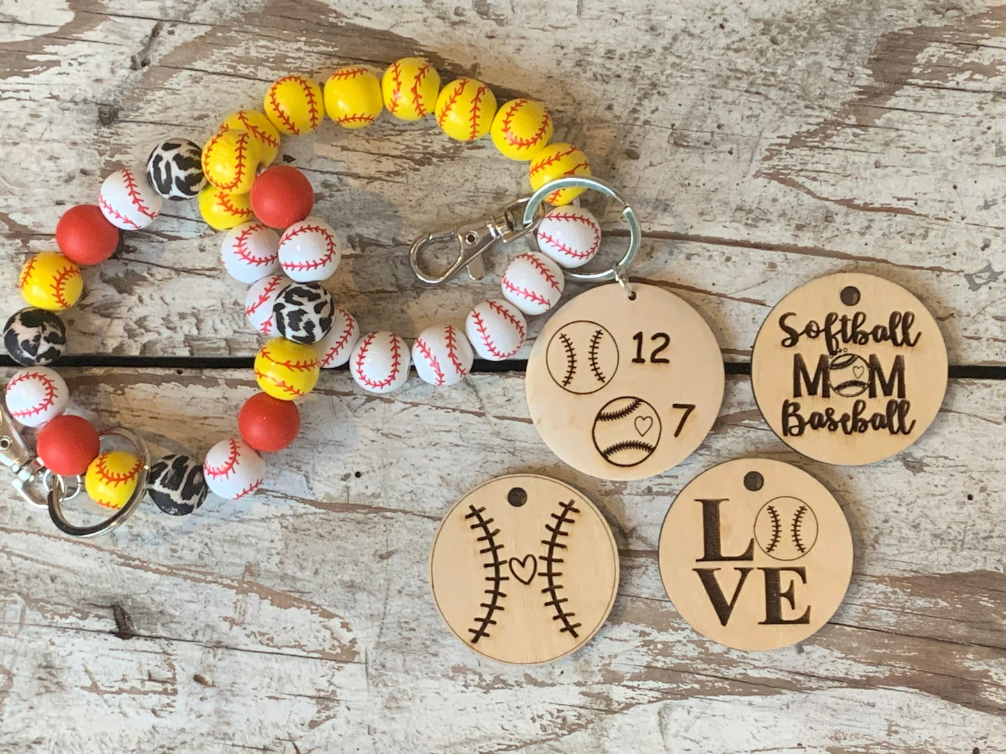 Personalized Baseball and Softball Mom Combo Wristlet Keychain with Wood disc | Gift for Baseball Mama | Softball Game Day Accessories