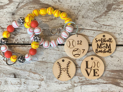 Personalized Baseball and Softball Mom Combo Wristlet Keychain with Wood disc | Gift for Baseball Mama | Softball Game Day Accessories