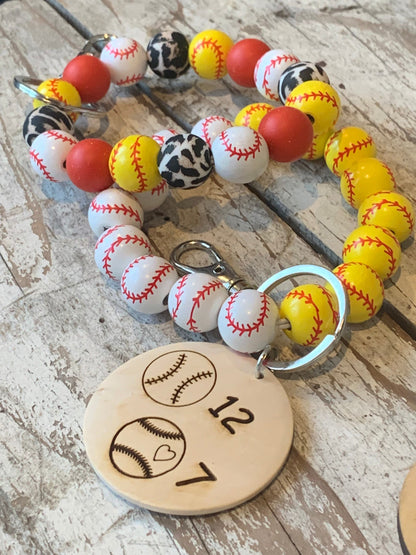 Personalized Baseball and Softball Mom Combo Wristlet Keychain with Wood disc | Gift for Baseball Mama | Softball Game Day Accessories