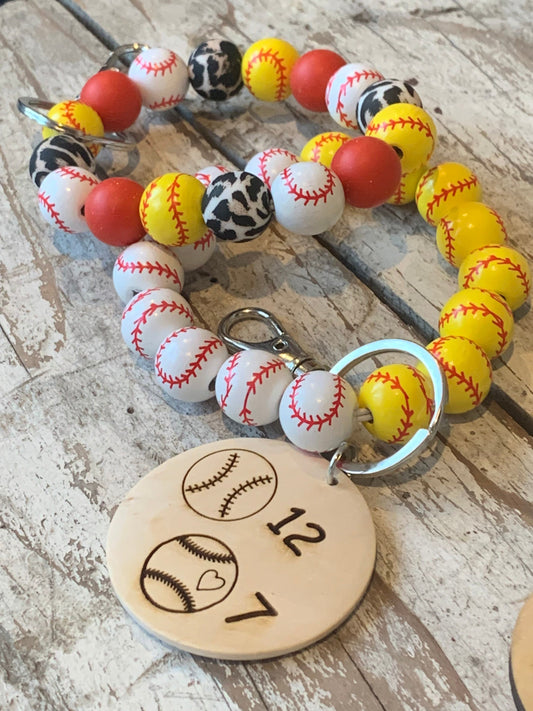 Personalized Baseball and Softball Mom Combo Wristlet Keychain with Wood disc | Gift for Baseball Mama | Softball Game Day Accessories